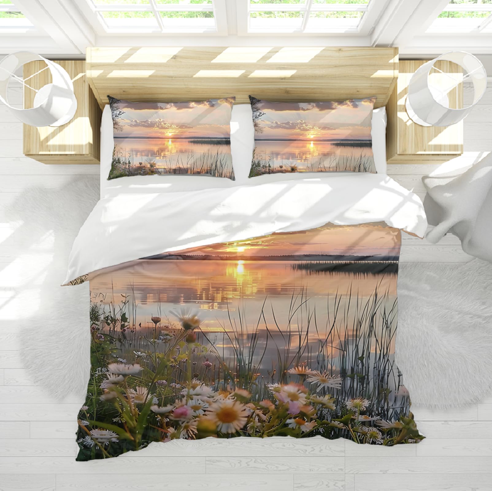 Linge de lit 180x200cm motif végétal avec housse de couette zippée et attaches
