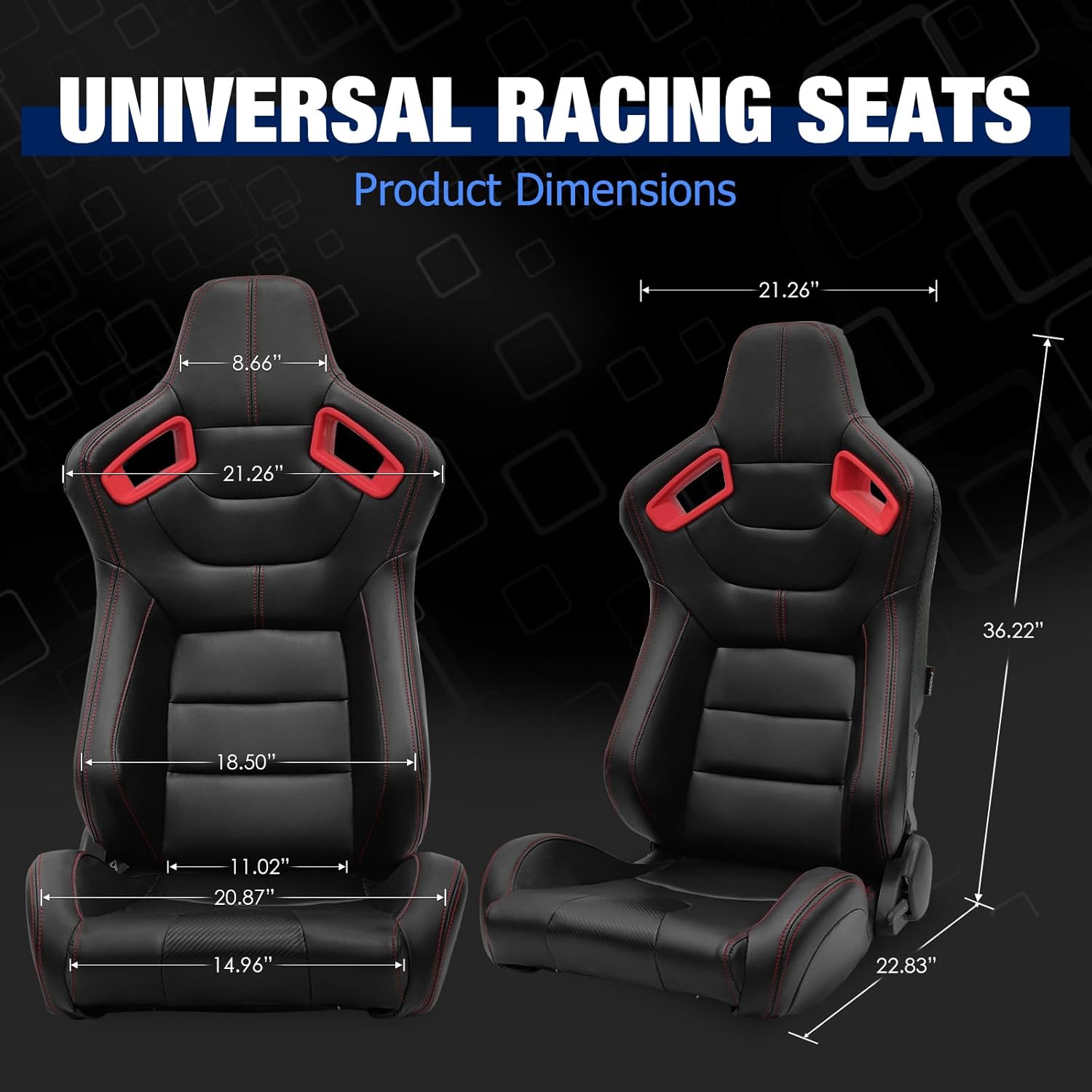 FREEMOTOR802 Racing Seats with Dual Lock Sliders, Universal For Most Cars Vehicles First Row, 1 Pair Reclinable Sport Bucket Seats, PU Carbon Fiber Look Leatherette, Black Red Slots