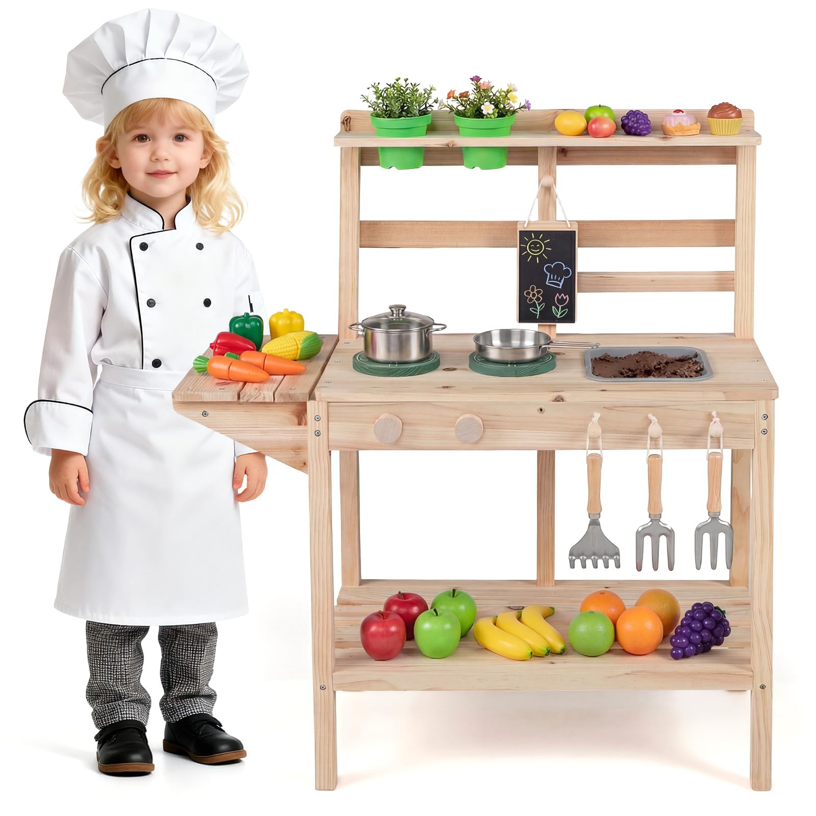 COSTWAY Cocina de Barro para Niños, Cocinita de Madera para Exterior con Fogones, Pomos Giratorios y Pizarra, Macetas, Estantes de Almacenaje, Cocinita Infantil de Barro para Niños de 3+ Años