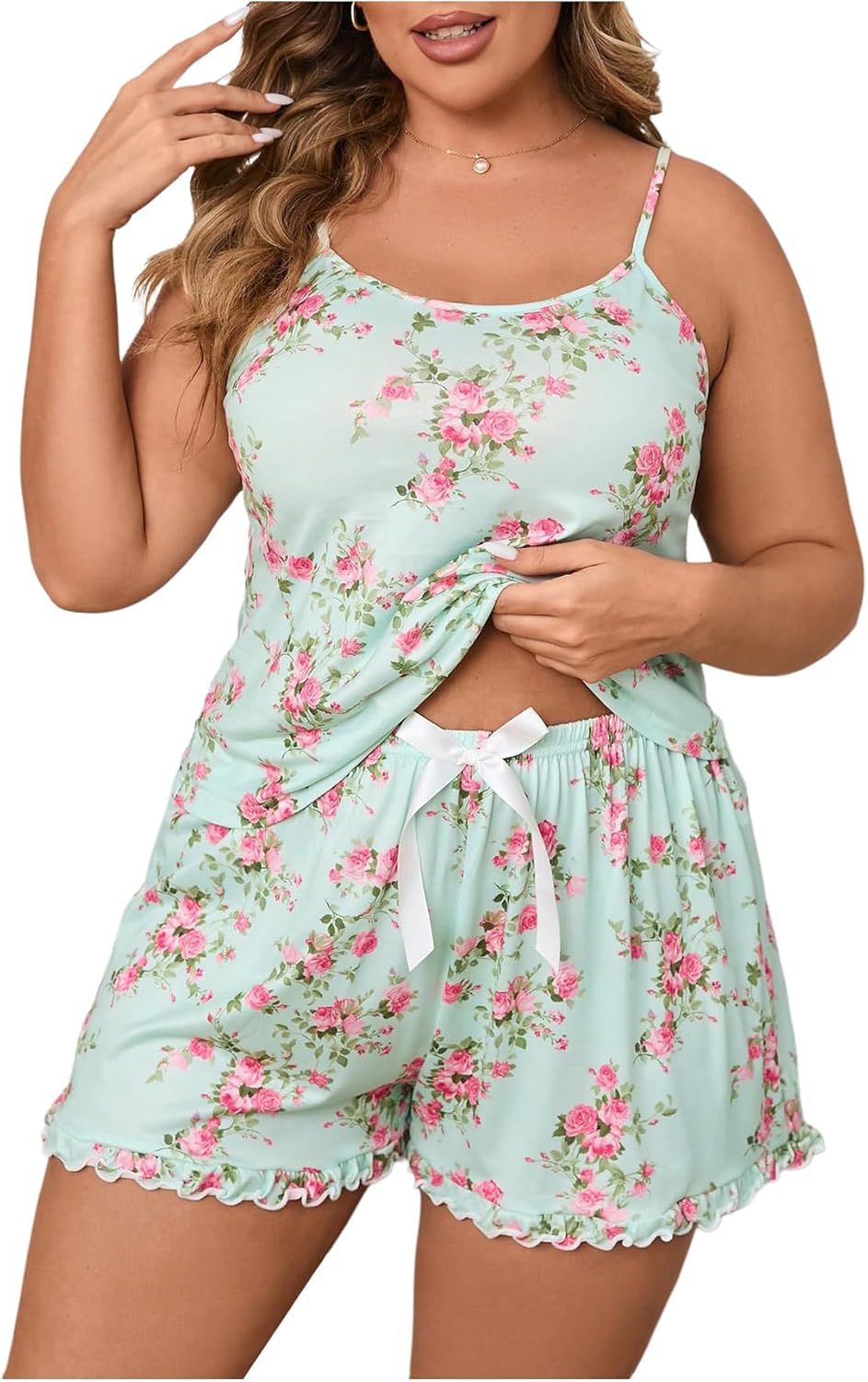 OYOANGLE Women's Plus Size 2 Piece Pajama Set Floral Sleeveless Sleepwear Cami Top and Shorts Pjs Sets