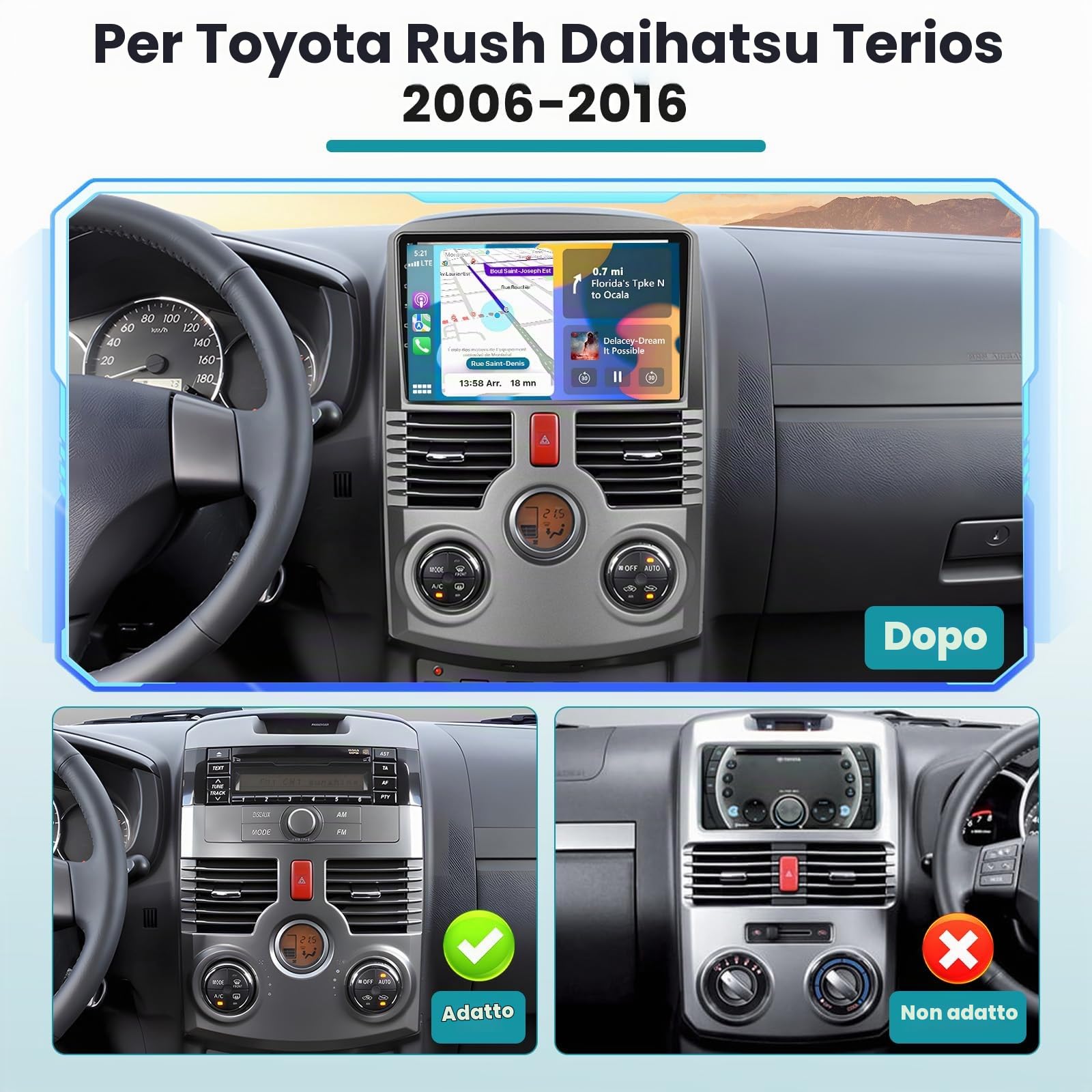 Hikity 2+64G Android Autoradio per Toyota Rush Daihatsu T-erios 2006-2016 Wireless Carplay Android Auto, 9 Pollici Touchscreen Radio Bluetooth con GPS WIFI Mirror Link FM/RDS SWC Telecamera Posteriore