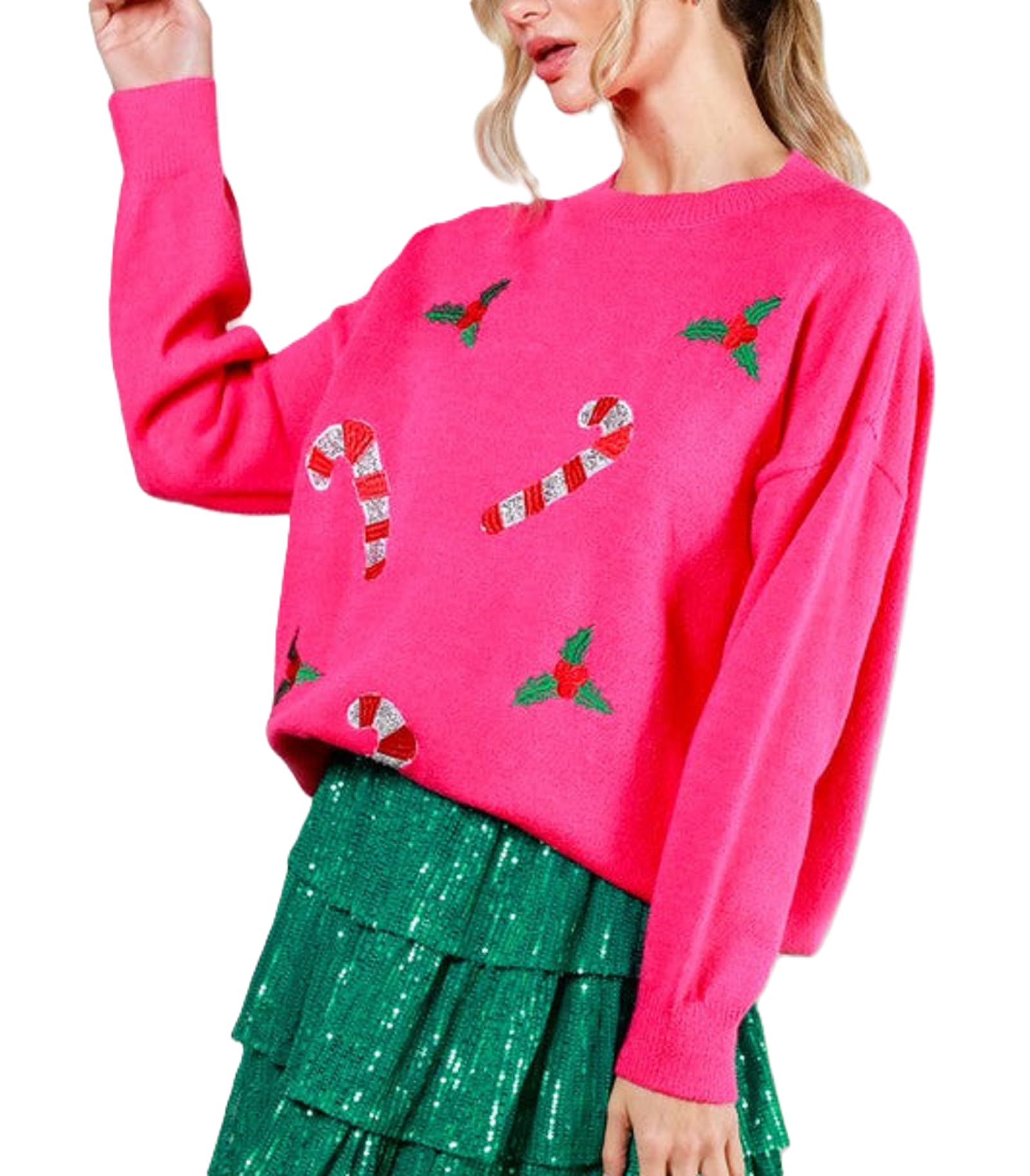 Women Christmas Sequin Knit Sweaters Loose Pullover Sweater Long Sleeve Crew Neck Top Funny Graphic Xmas Knitwear