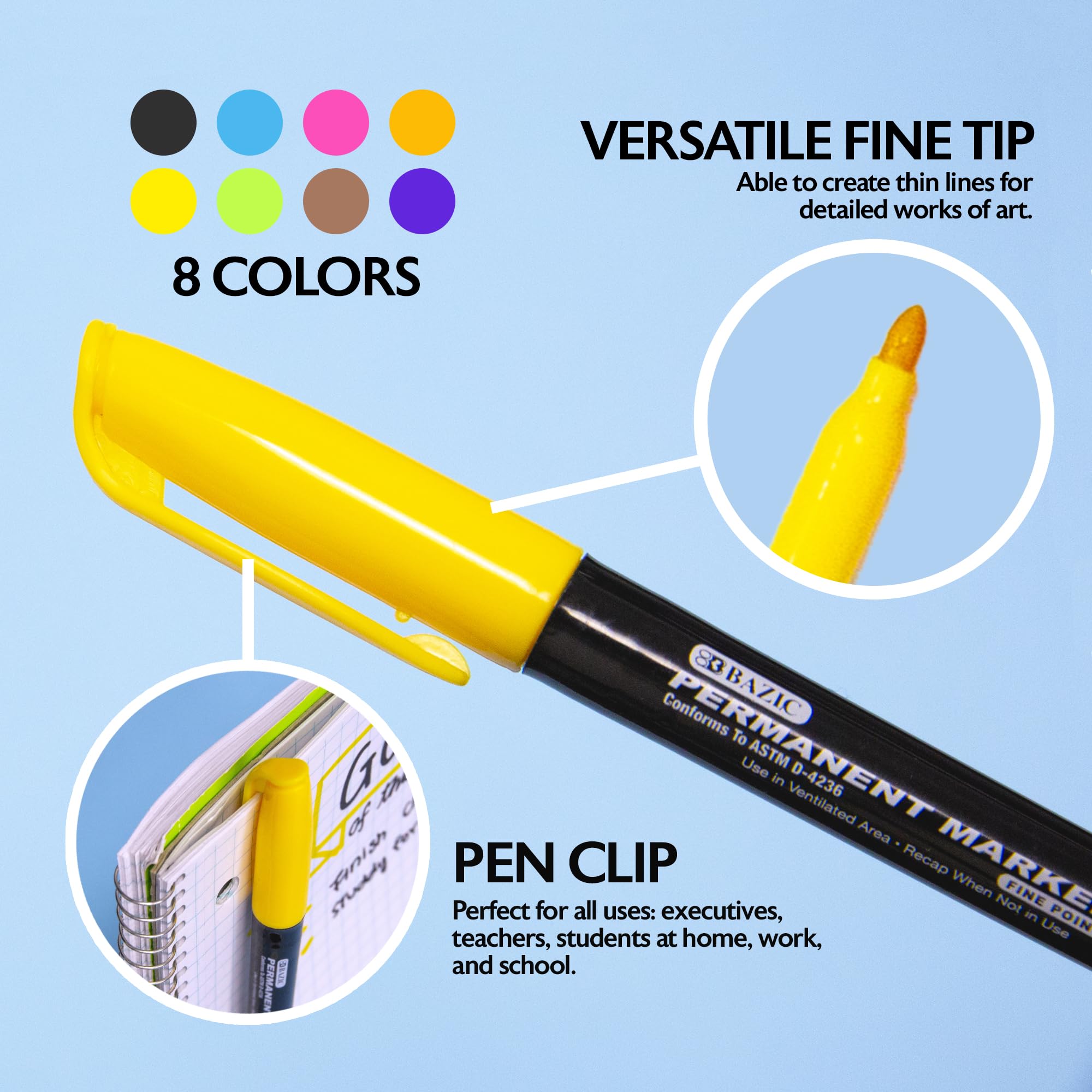 Bazic Fancy Couleurs Pointe fine marqueurs permanents W/clip de poche (8/Lot)