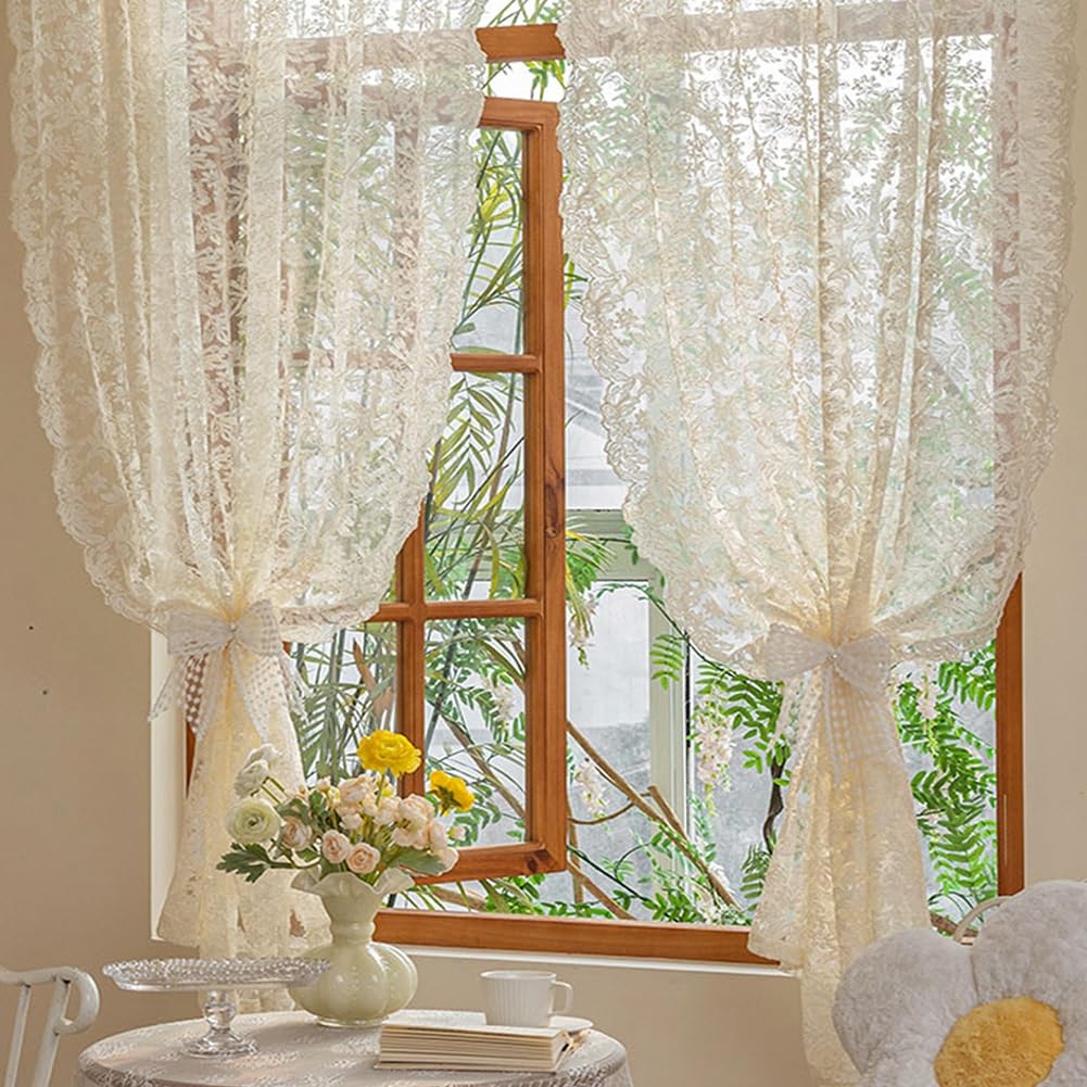 Rideaux en Dentelle Florale au Crochet en Coton, Rideaux en Voile Transparent À Passe-tringle Français, pour Salon, Chambre À Coucher, Balcon(Size:W125xH150cm/49x59in)