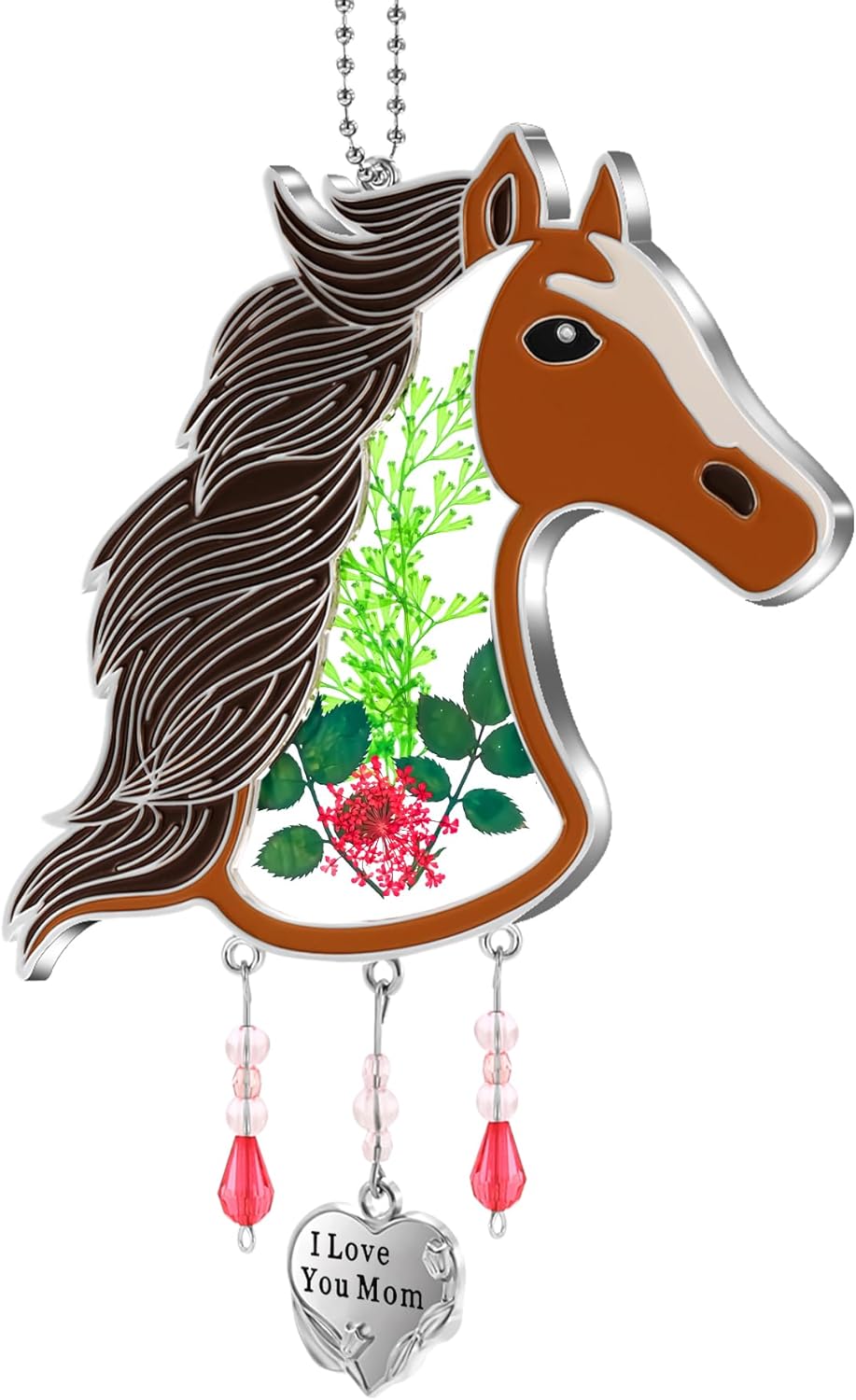 KY&BOSAM Horse Suncatcher I Love You Mom Stained Glass Sun Catchers for Windows Hanging Wind Chimes Ornament Real Flower Painted Enamel Mom Gifts for Women Mother`s Day Valentine’s Day Christmas