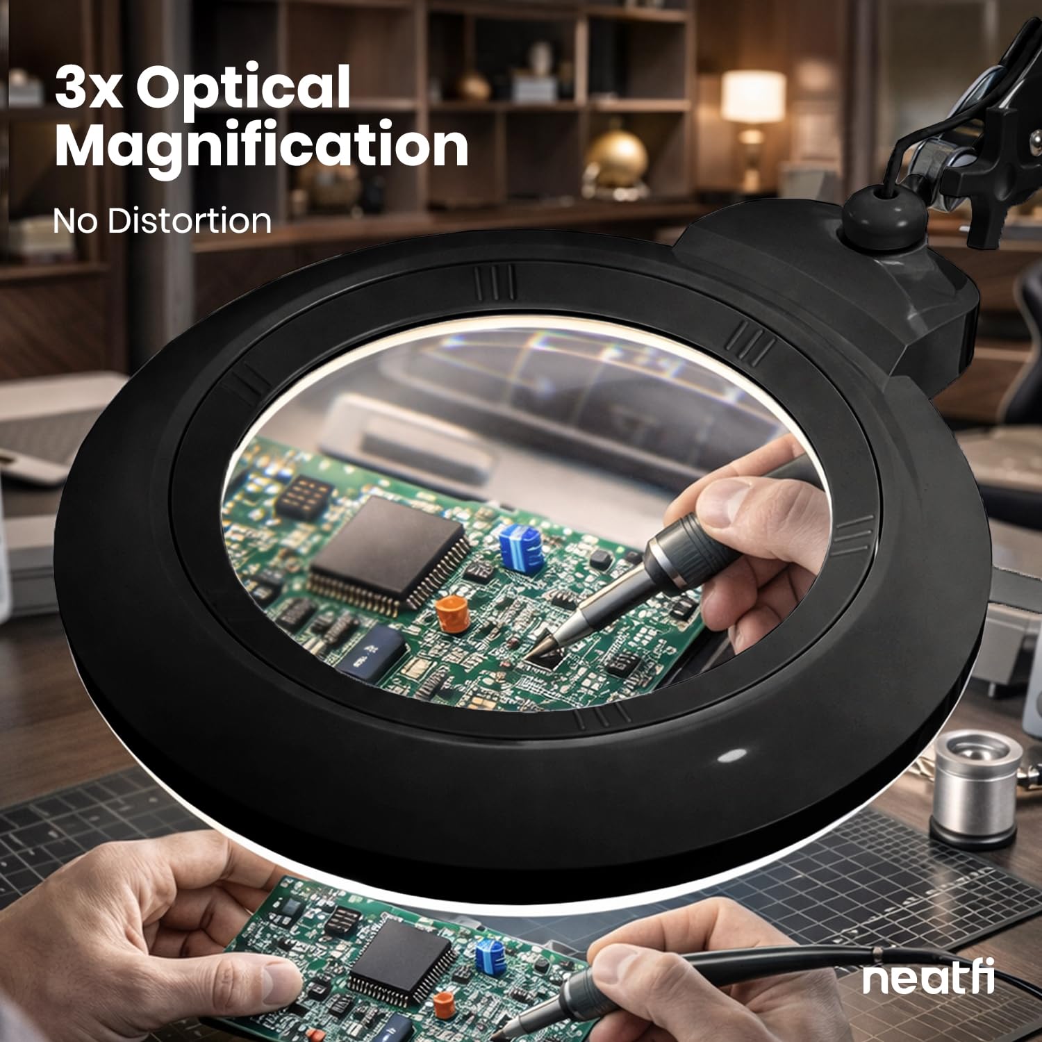 Neatfi XL bifocale Lampada d’ingrandimento LED, dimmerabile | 3 modalità di illuminazione, braccio regolabile e morsetto di fissaggio (Lente da 13 cm)