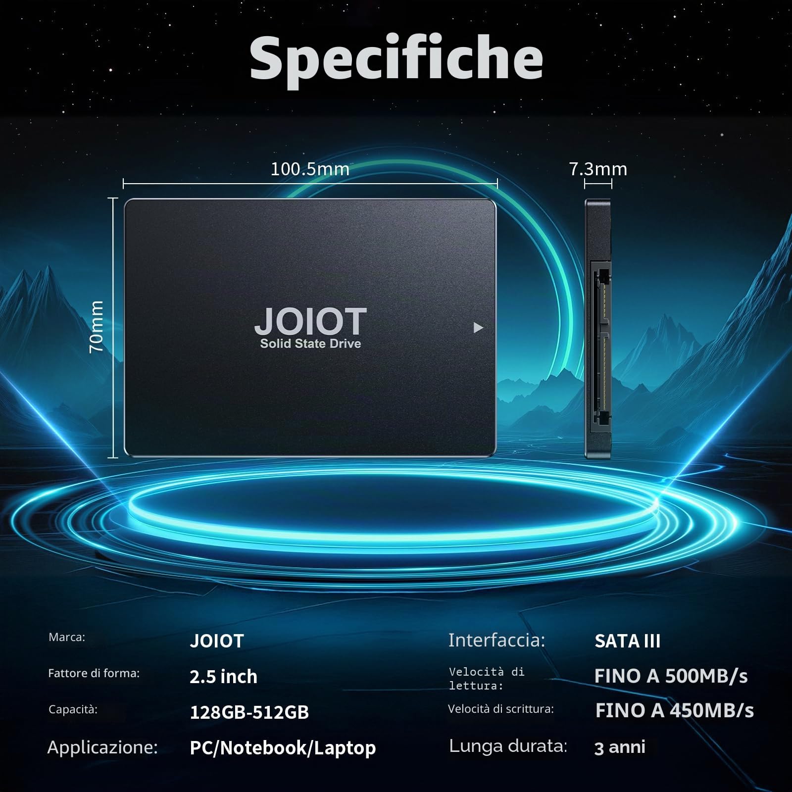 JOIOT SSD Interno 512GB Hard Disk Interno Fino a 500MB/s in Lettura 450MB/s in Scrittura Interno SSD 500gb SATA III 2.5 Pollici Unità a Stato Solido Interne Compatibile con Laptop e PC Desktop Nero