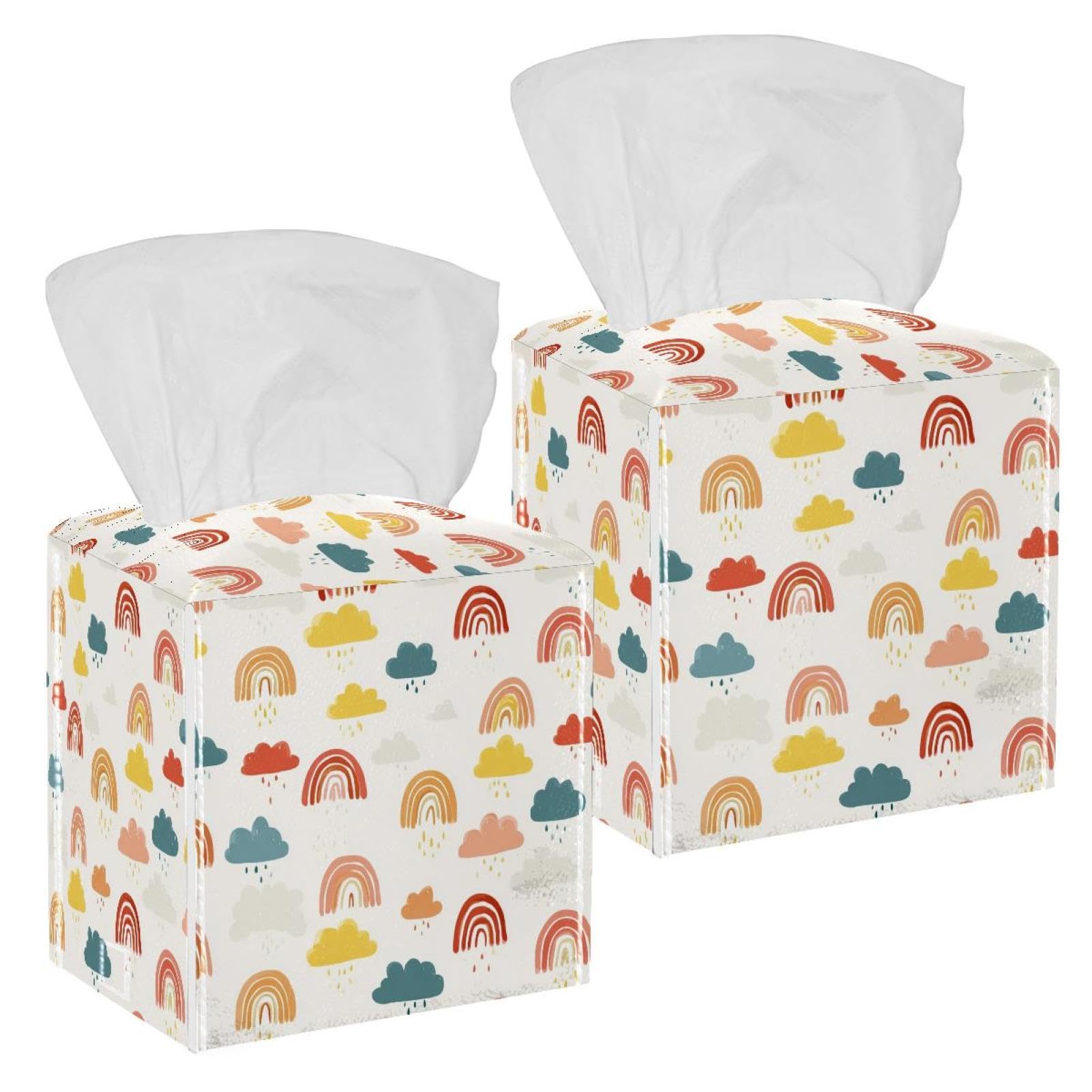 Rainbows and Clouds Tissue Box Cover, 2 Pack PU Leather Square Facial Tissue Dispenser Box holder for Home Office Car