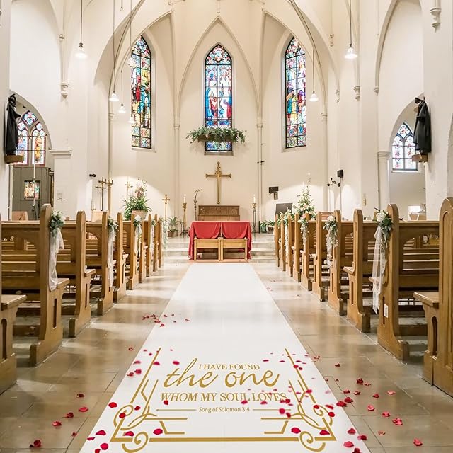 White Wedding Aisle Runner (50 Feet x 3 Feet)  Includes Pull String for Indoor or Outdoor Weddings, Prom and Parties (Gold Letter Print)
