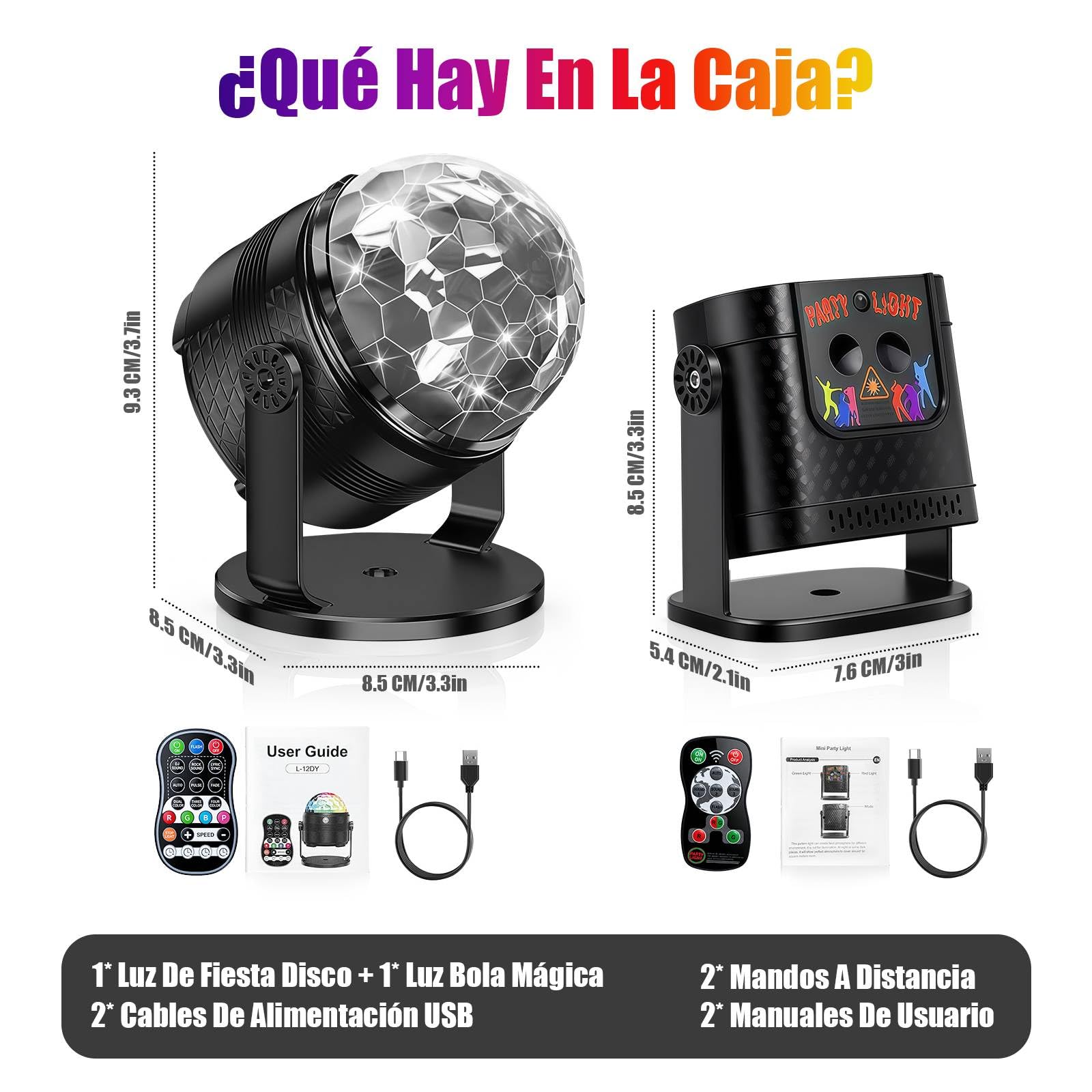 Luces Discoteca, Bola de Discoteca Giratoria 360° + Luces DJ con Control por Música, Luces Discoteca para Casa RGB con Mando a Distancia para Fiestas, Cumpleaños, Karaoke, Navidad (2 Piezas)