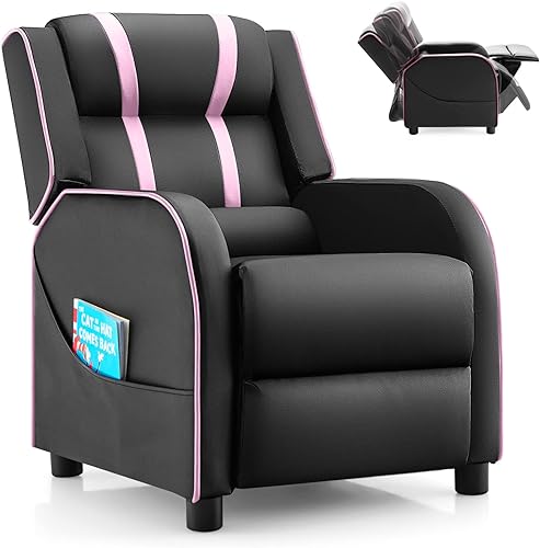 Costzon Silla reclinable para niños, silla reclinable para juegos con bolsillos laterales, reposapiés, reposacabezas y soporte lumbar para rosado,