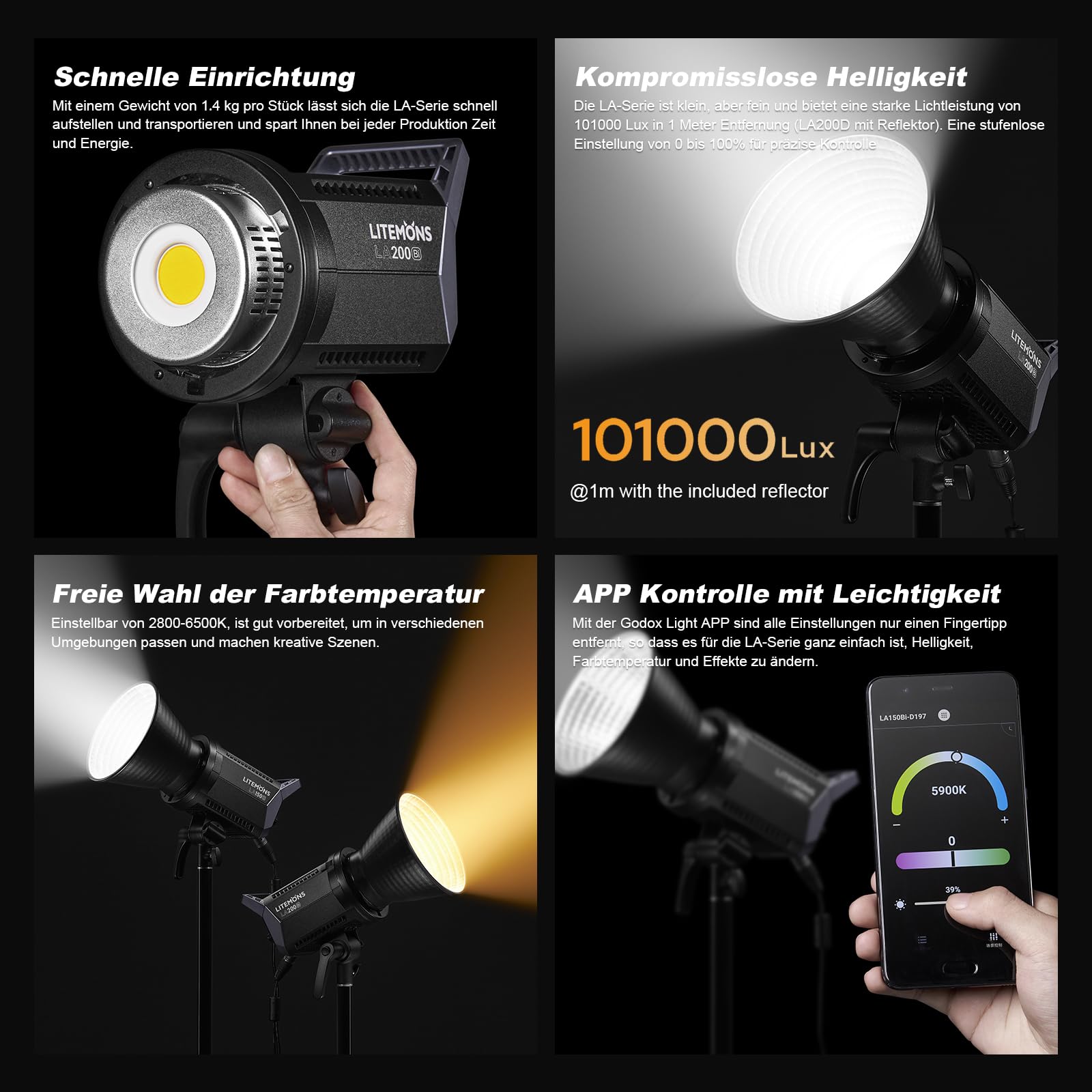 Godox 2 sztuki litów LA200Bi LED Video Light 230 W, światło dzienne, ciągłe wyjście 5600 K, CRI 96 + TLCI 97+, 101000 lux, z mocowaniem Bowens i kontrolą aplikacji do Livestreaming, wideo, YouTuber, 2