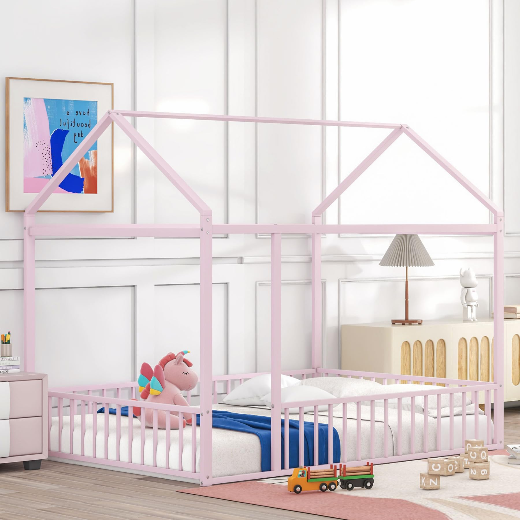 LLS Full Size House Bed Metal Floor Bed with Roof and Fence Guardrails Montessori Bed Playhouse Bed for Children Girls and Boys, No Weight Limited, Pink