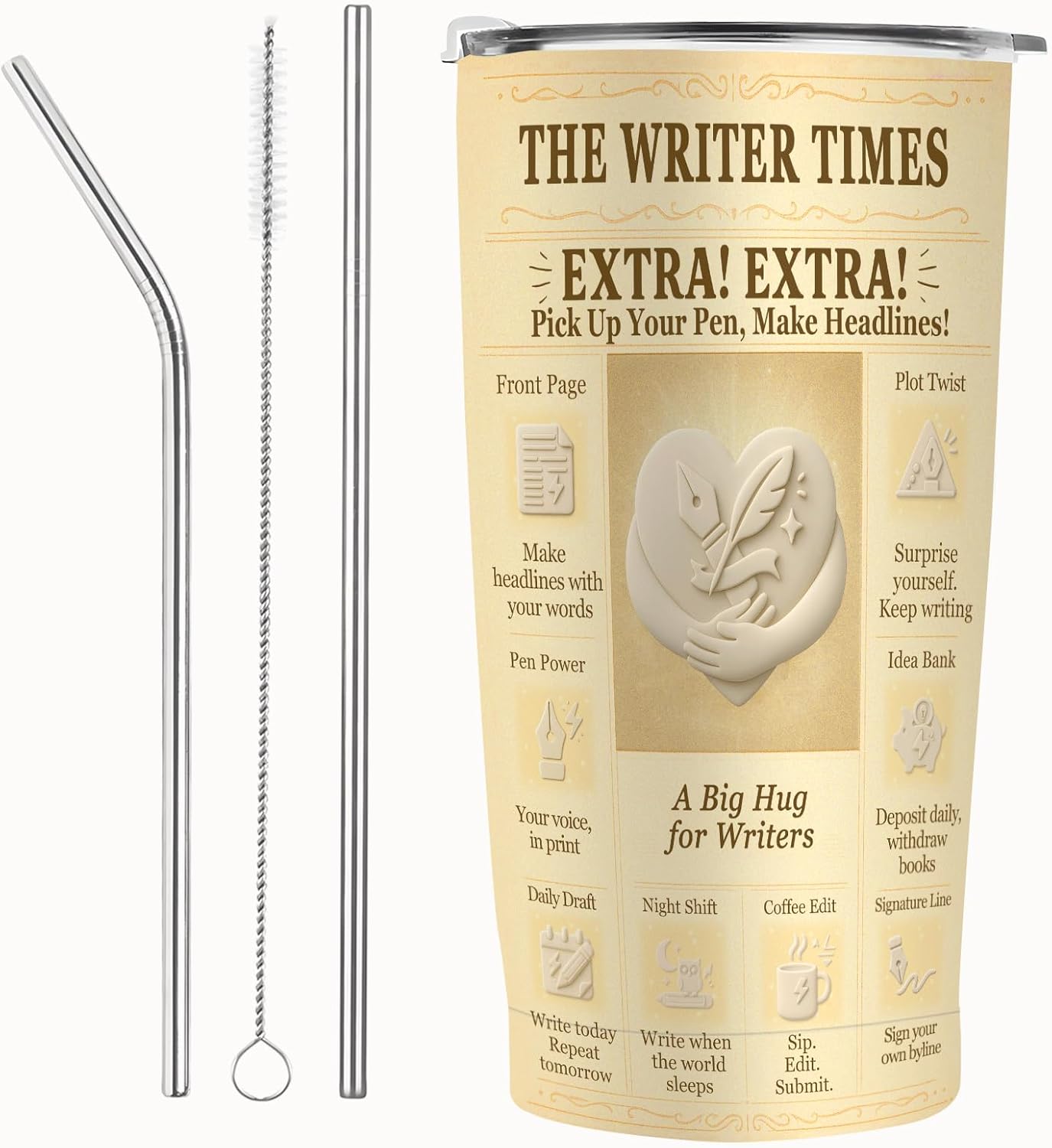 Writer Tumbler 20oz Stainless Steel Insulated Travel Cup with Lid, Vintage Press Design Gift for Writers & Authors, Editor Journalist Reporter Present, Fits Most Car Cup Holders