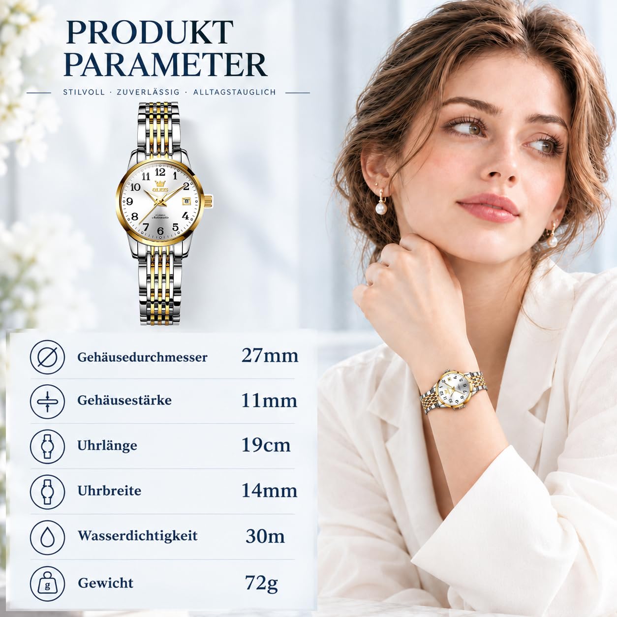 Taxau Automatik Armbanduhr Damen Silber und Gold Mechanische Wasserdicht