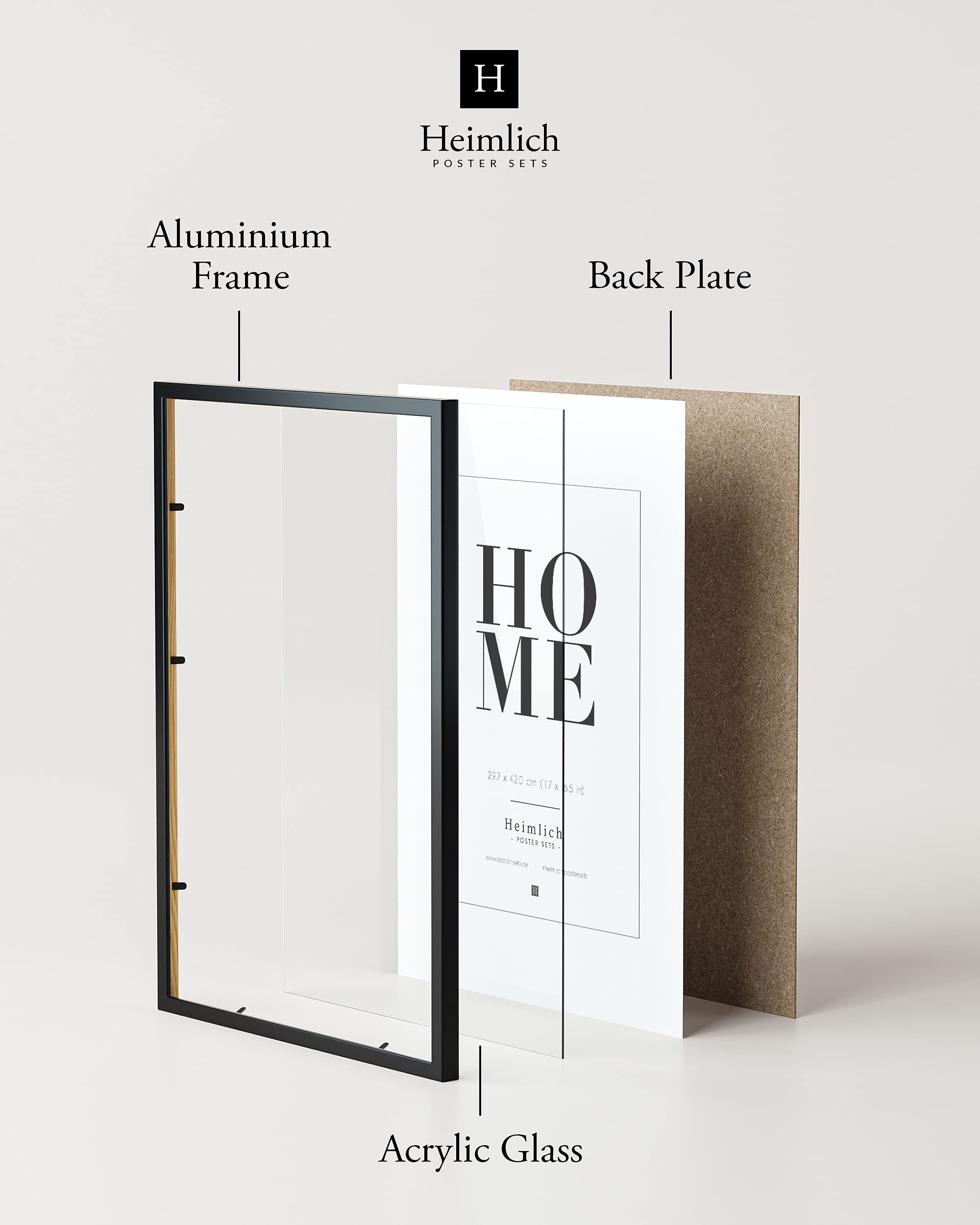 Heimlich® - Fotolijst - A2 42x59,4 cm, Aluminium Metaal, Zwart, 2-pack - Medium Poster Print Frames - Alleen Wandmontage