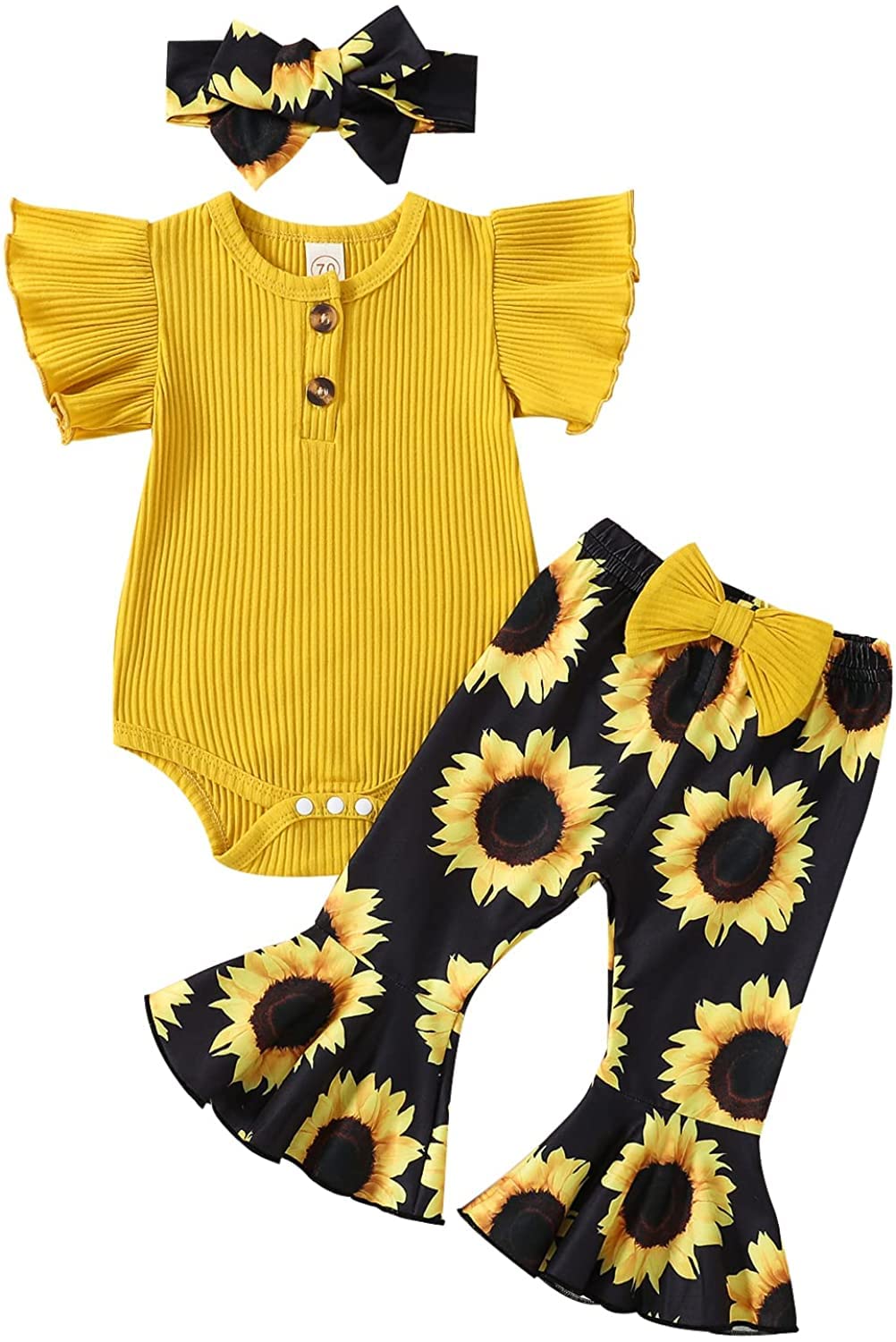 BOIZONTYBaby Girl Bell Bottoms Outfit Short Sleeve Ruffled Ribbed Romper Bodysuit Top+ Flared Pants&Infant Summer Clothes