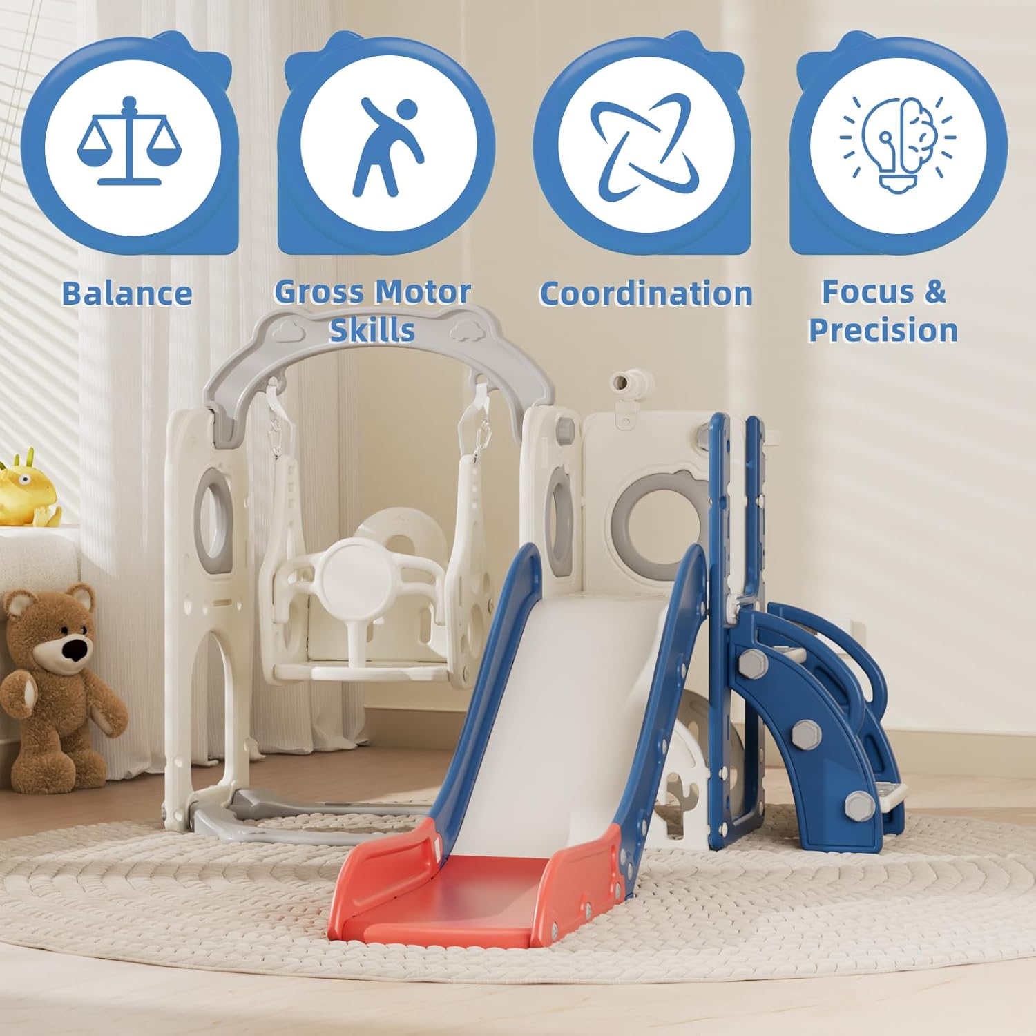 KORIMEFA 8 in 1 Toddler Slide and Swing Set for Toddler Age 1-3 Years, Toddles Playset Playground Indoor and Outdoor Swing Slide Climber Playset w/Basketball Hoop & Golf Set, Blue