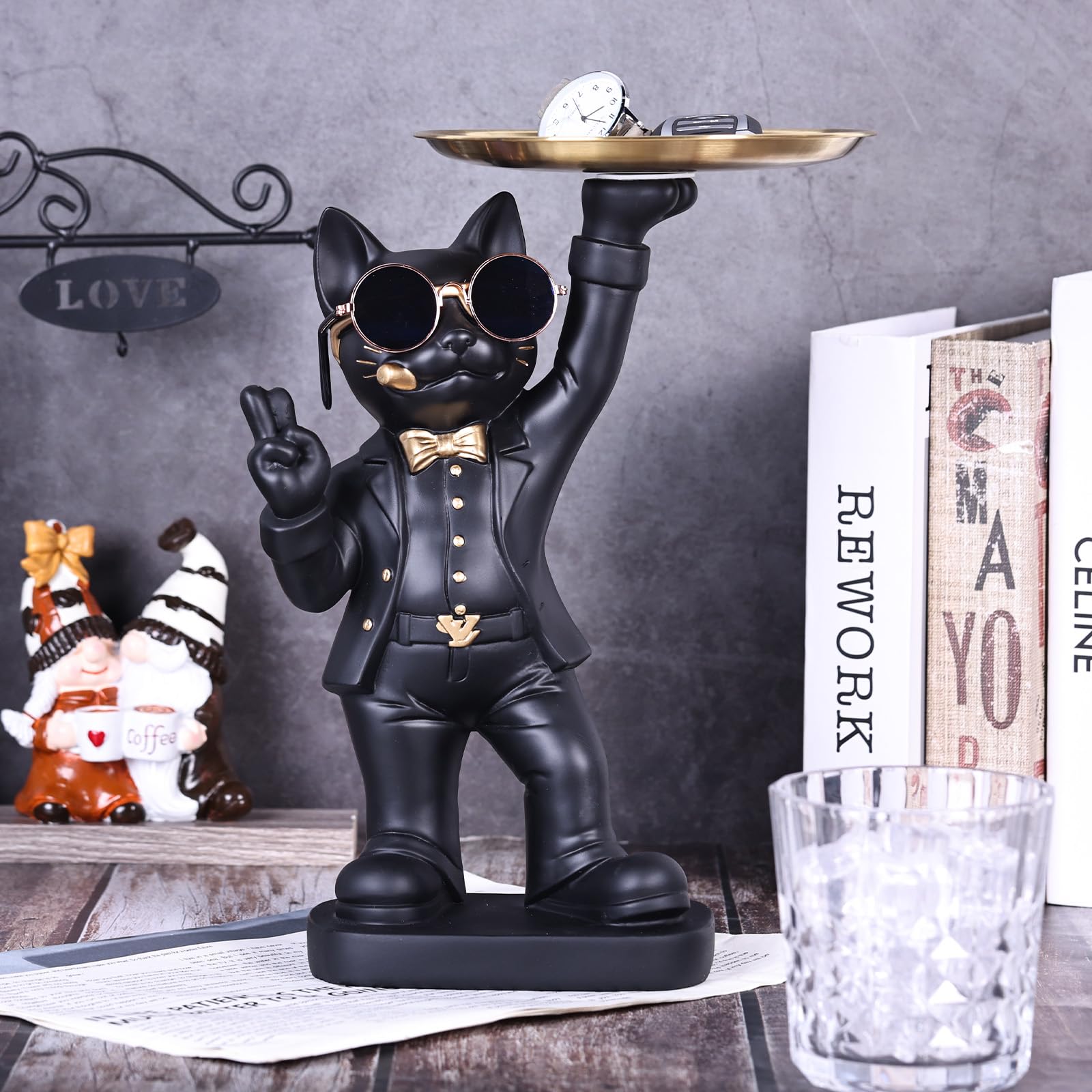 30 cm di altezza divertente scultura decorativa gatto nero con contenitore per caramelle - adorabile statua di gatto con vassoio portaoggetti per soggiorno, vassoio portachiavi per ingresso
