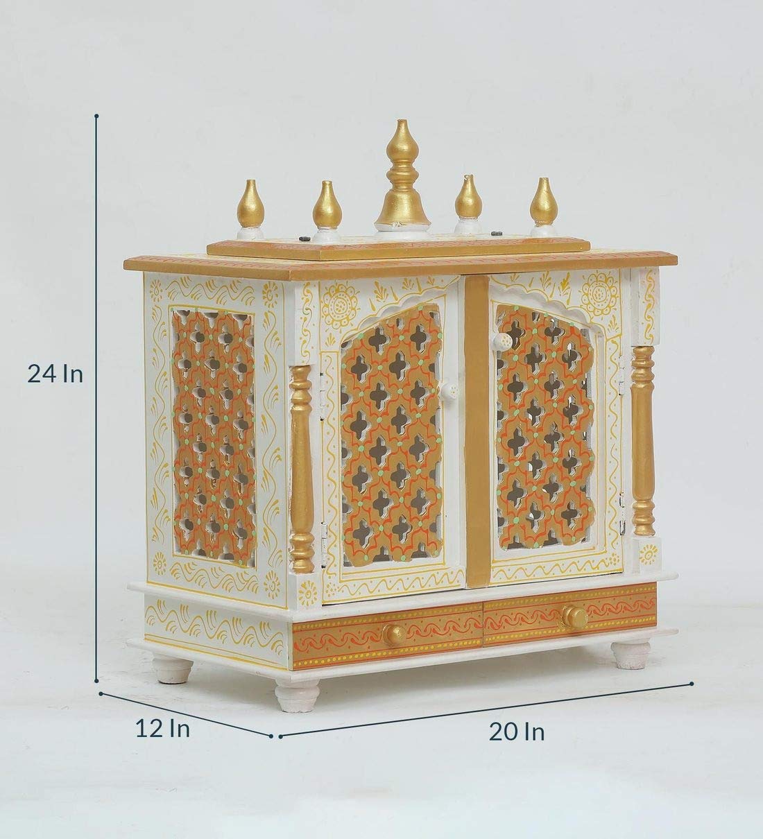 Craftlia Handpainted Temple Wooden Puja Mandir (Dimension- Outer: 20 X 12 X 24 Inch; Inner: 18 X 11 X 11 Inch, White Gold)