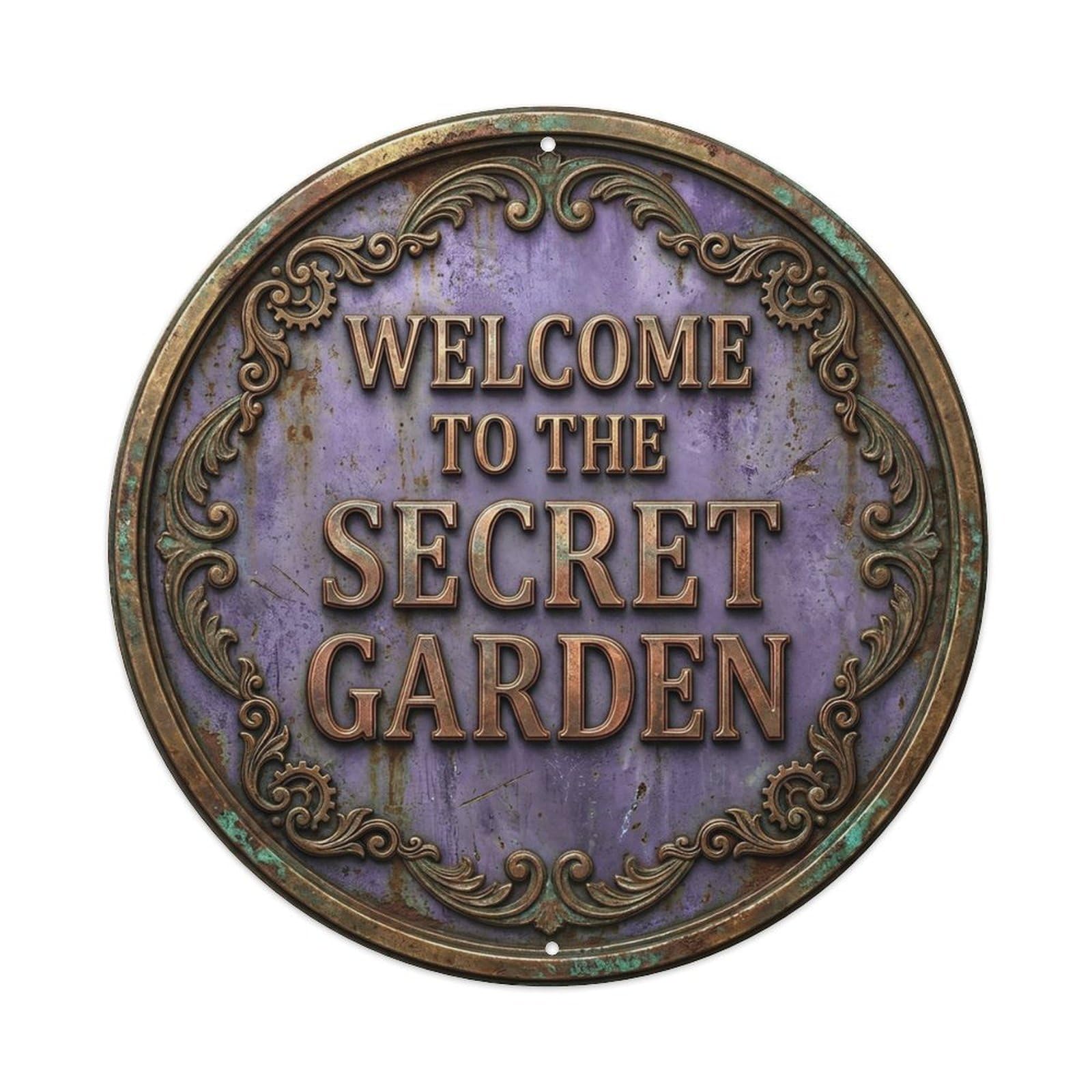 Vintage Welcome Secret Garden Copper Lavender Rinceau Metal Tin Sign