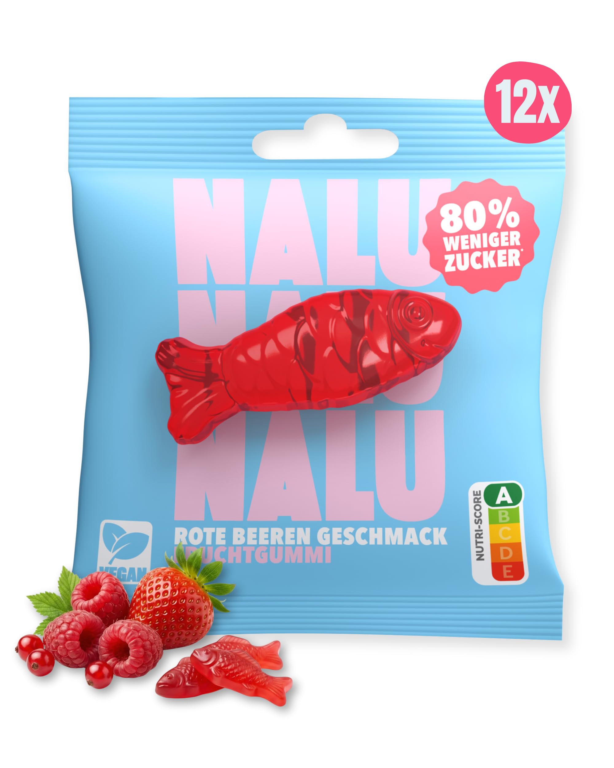 NALU Fruchtgummis | bis 90% weniger Zucker als herkömmliche Fruchtgummi | Low Carb Gummibärchen ohne Zucker Zusatz | Fast zuckerfrei | kalorienarme Low Calorie Süßigkeiten (Rote Beeren Fisch (vegan))