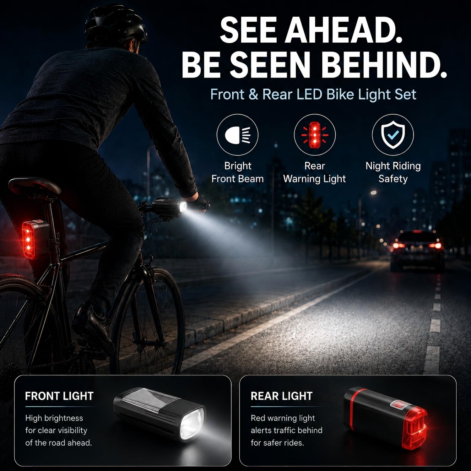 Wiederaufladbare Fahrradbeleuchtung Set, LED Vorne und Hinten Fahrradlichter, USB-C Aufladung, 2400mAh Akku, 3 Helligkeitsmodi, IP44 Wasserdicht, Solarunterstützung für Nachtradfahren