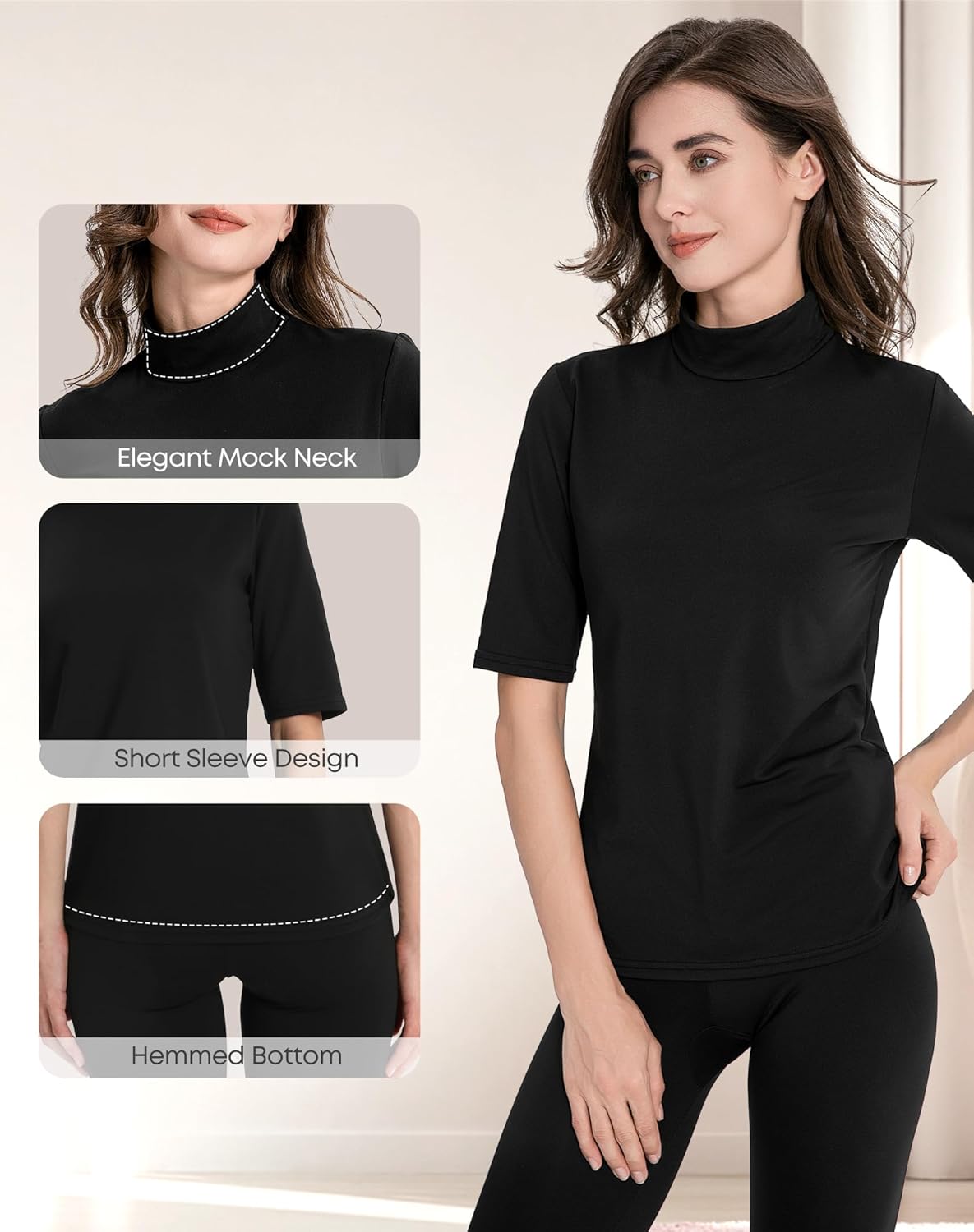 MANCYFIT Short Sleeve Thermal Shirts for Women Thermal Tops Lace V Neck Fleece Lined Tops for Women Base Layer - Image 5