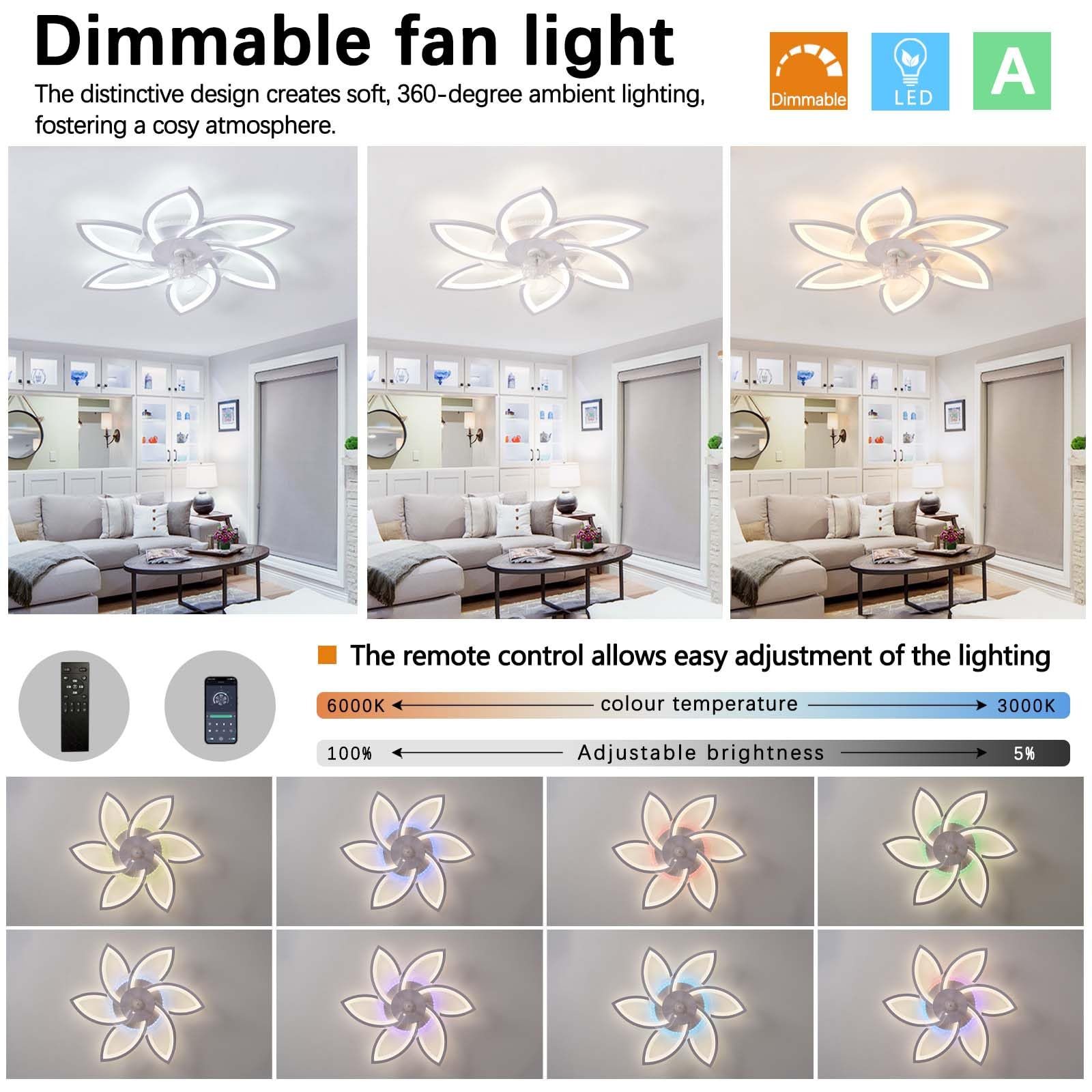 Ventilatore da Soffitto con Luce RGB Dimmerabile con Telecomando APP,Lampada Ventilatore con Reversibile di Fiore con Silenzioso,Lampadina Ventilatore 6 Velocità con Tempistica,per Soggiorni
