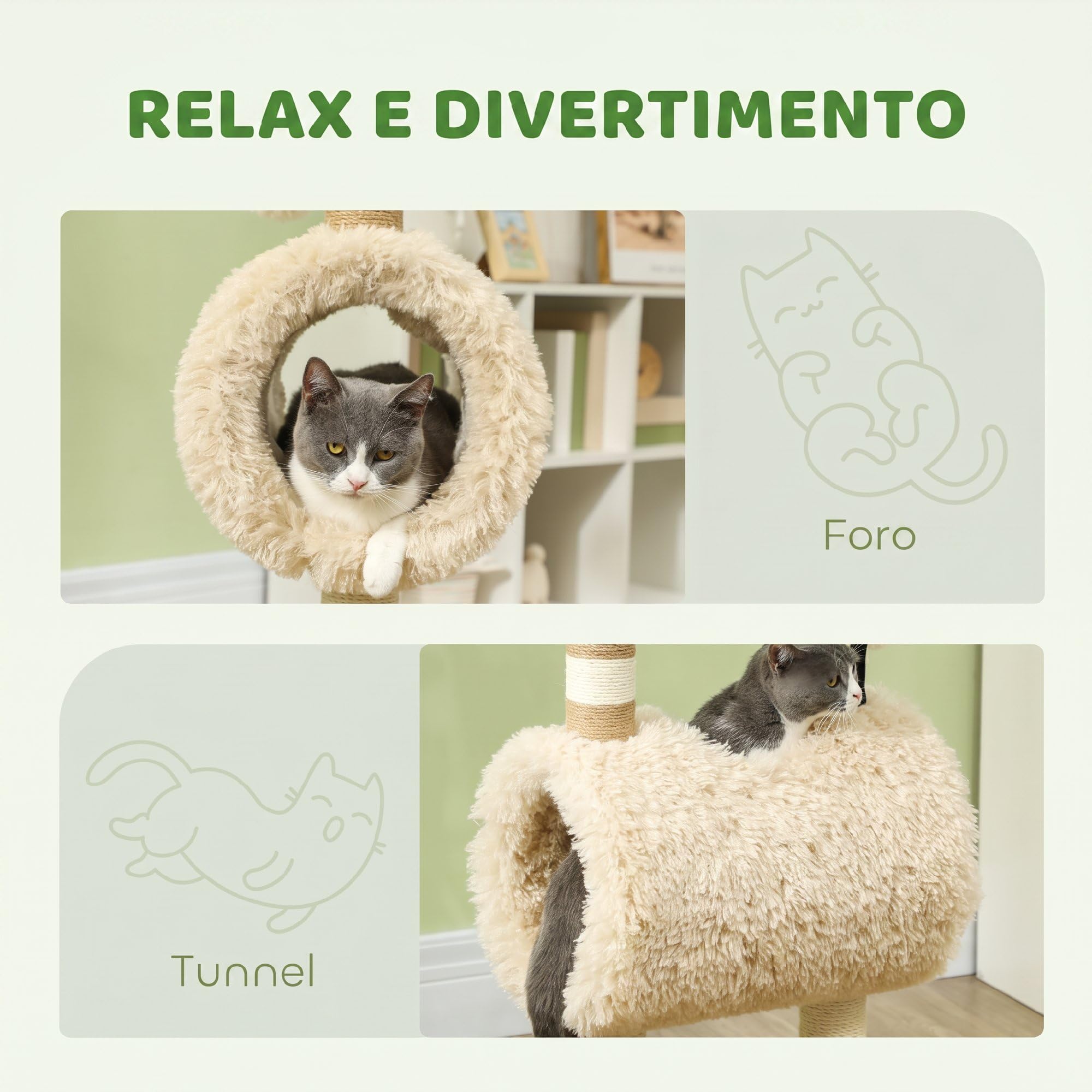 PawHut Albero Tiragraffi per Gatti con Tunnel 48x34x98 cm Marrone Chiaro
