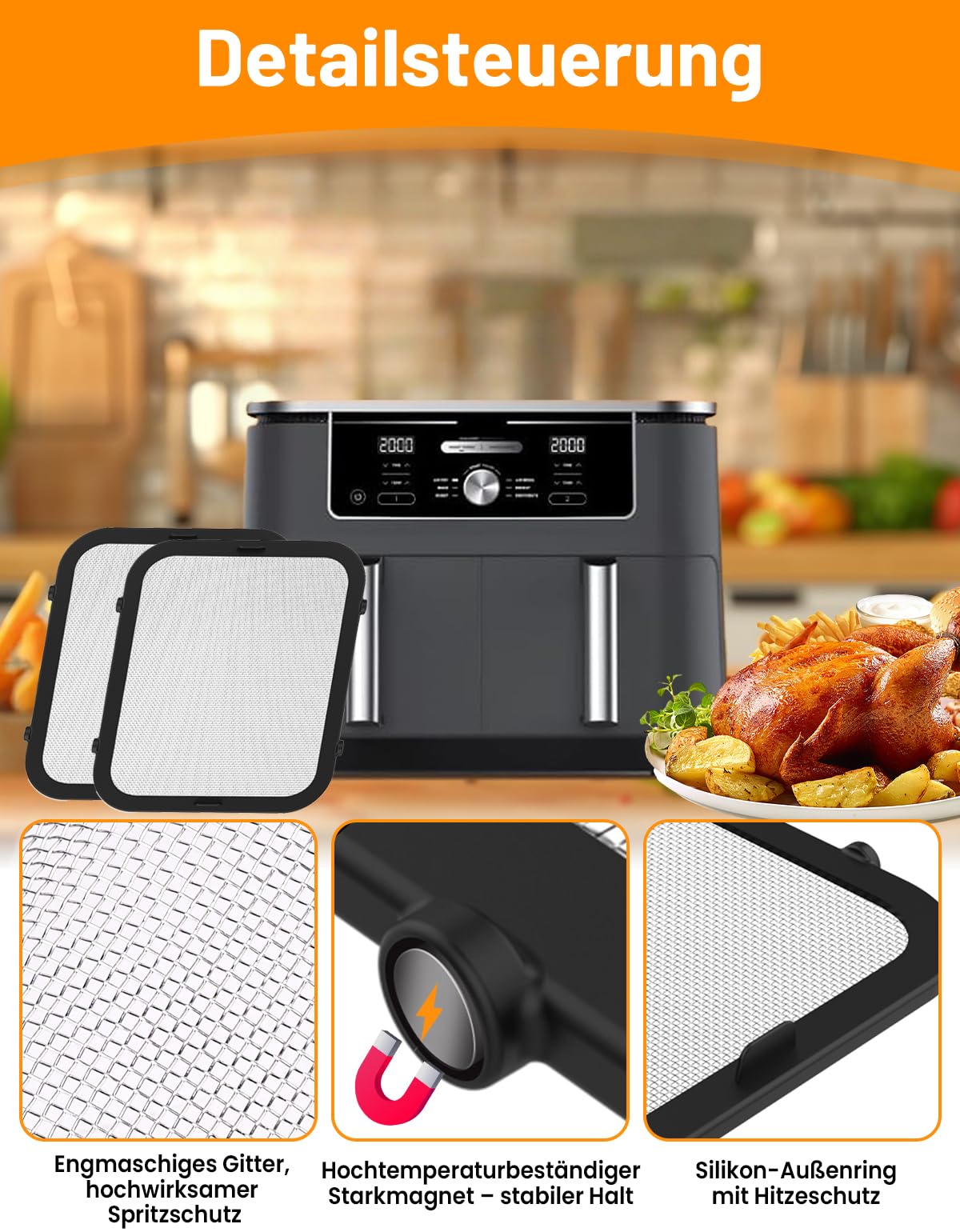 2 stuks heteluchtfriteuse, spatbescherming van siliconen, compatibel met Ninja AF400EU AF451EU DZ401, hittebestendig tot 240 graden Celsius, fijnmazige spatbescherming, gemakkelijk te reinigen 2 stuks heteluchtfriteuse, spatbescherming van siliconen, compatibel met Ninja AF400EU AF451EU DZ401, hittebestendig tot 240 graden Celsius, fijnmazige spatbescherming, gemakkelijk te reinigen