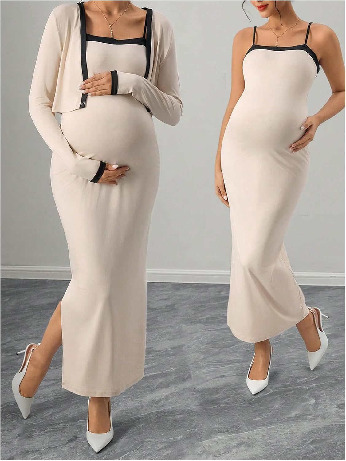 OYOANGLE Women's Maternity 2 Piece Outfits Bodycon Cami Long Dress and Long Sleeve Outerwear