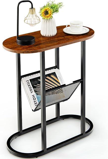 CASART End Table, Industrial Sofa Side Table with Mesh Magazine Holder, 2 Tier Wooden Narrow Bedside Tables for Living Room, Bedroom, Office (Brown+Black, 59 x 28 x 64cm)
