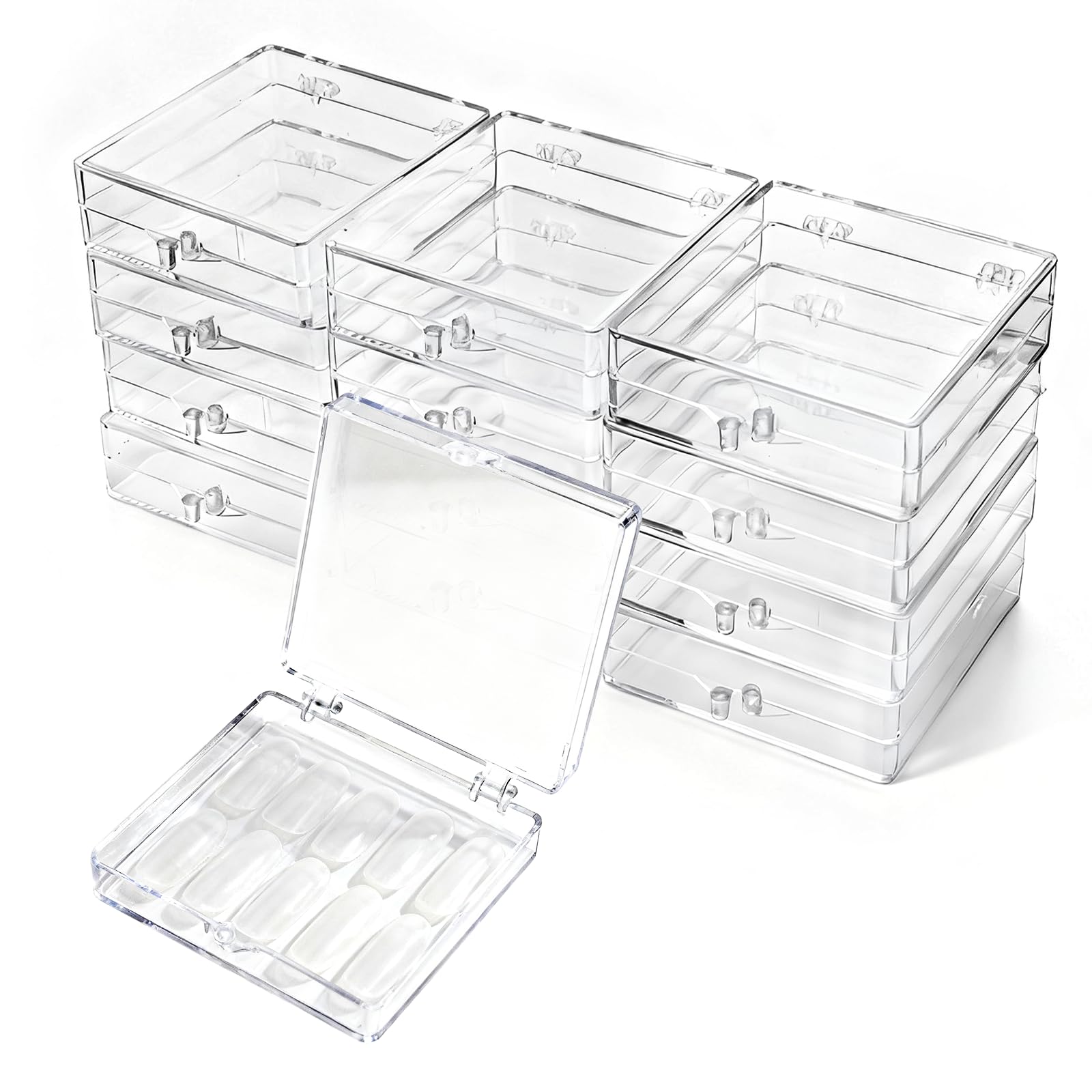 Photo 1 of 12PCS Press On Nail Storage Box, 2.5x2.4 inch Clear Empty Plastic Nail Tips Storage Box with Acrylic Nail Display Sticks, Nail Glue Double Sided Tape for Press on False Nail (Stickers not included)