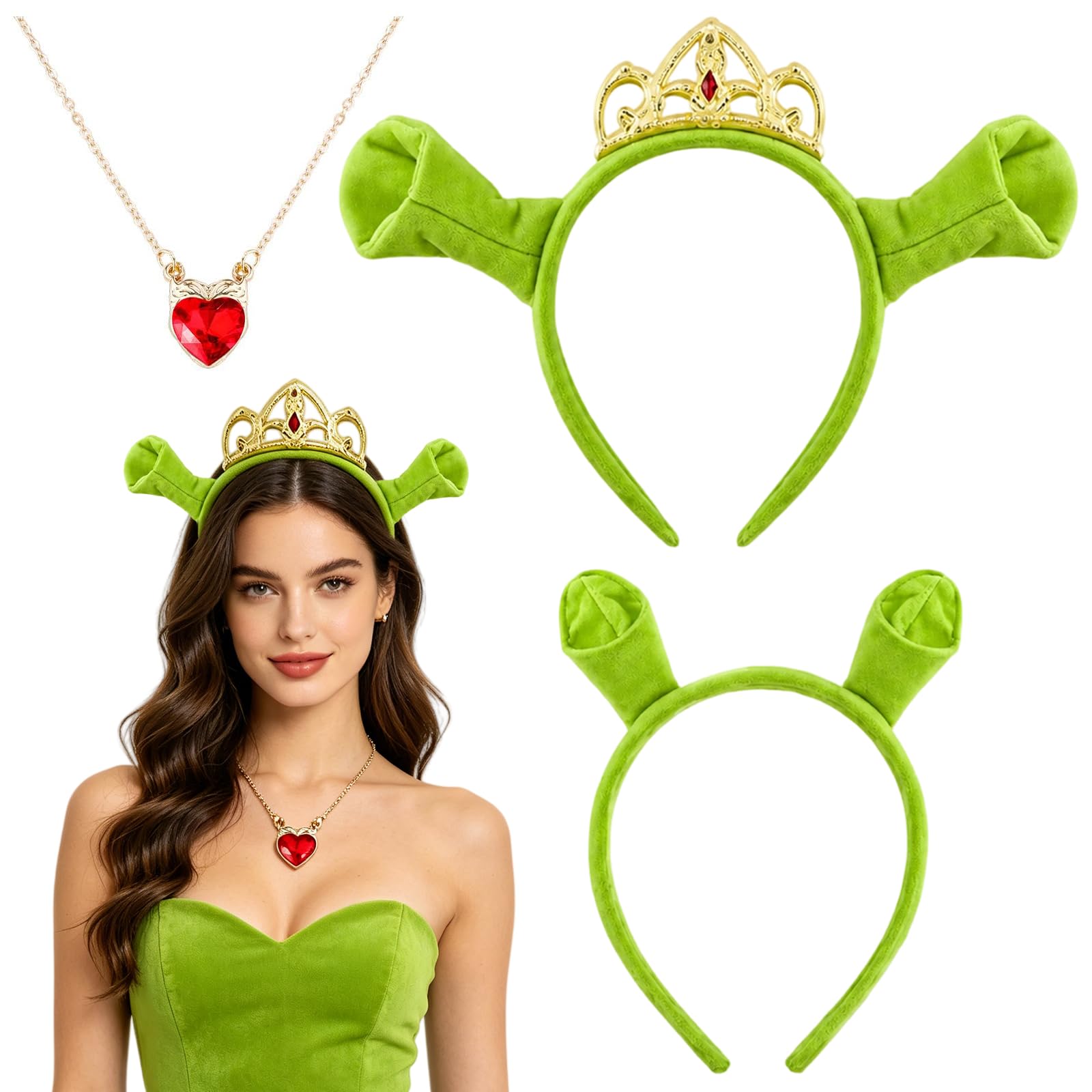 Green Headband, Halloween Costumes, 3 PCS Cute Ears Headband Set With Ears, Crown And Necklace, Halloween Costumes Adult Women for Attending Halloweens and Parties Use by Those Aged 15 and Above