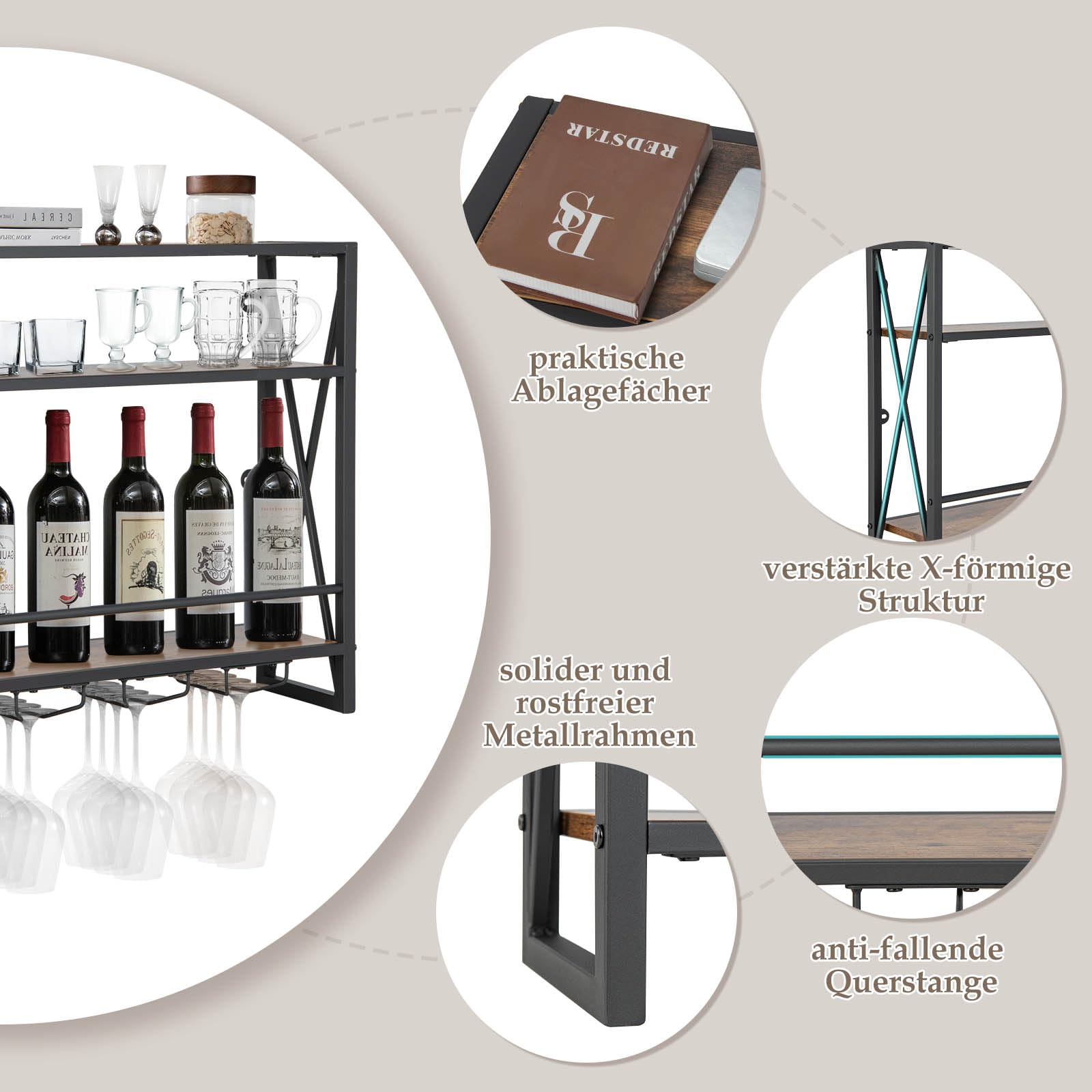 COSTWAY 3 Ebenen Weinregal Wand, Flaschenregal Holz mit Metallrahmen, mit 4 Reihen Weingläserhalter, Industrial Design, ideal für Zuhause, Bar, Küche, Restaurant