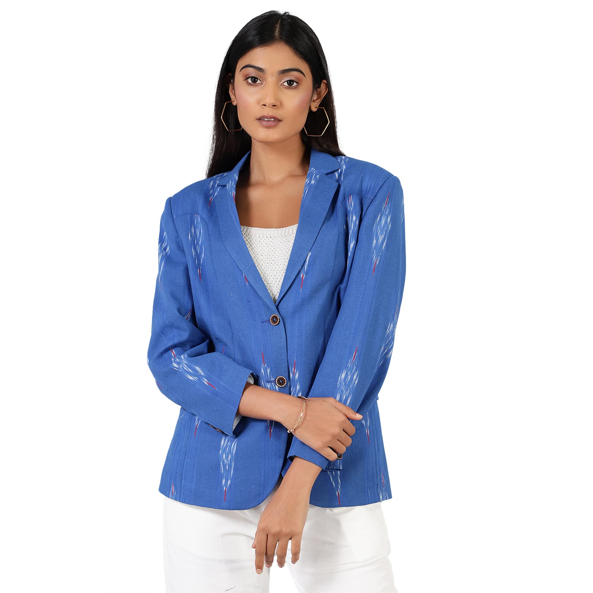 Women's Ikat Cotton Tie and Dye Single Breast Two-Button Blazer-image-6