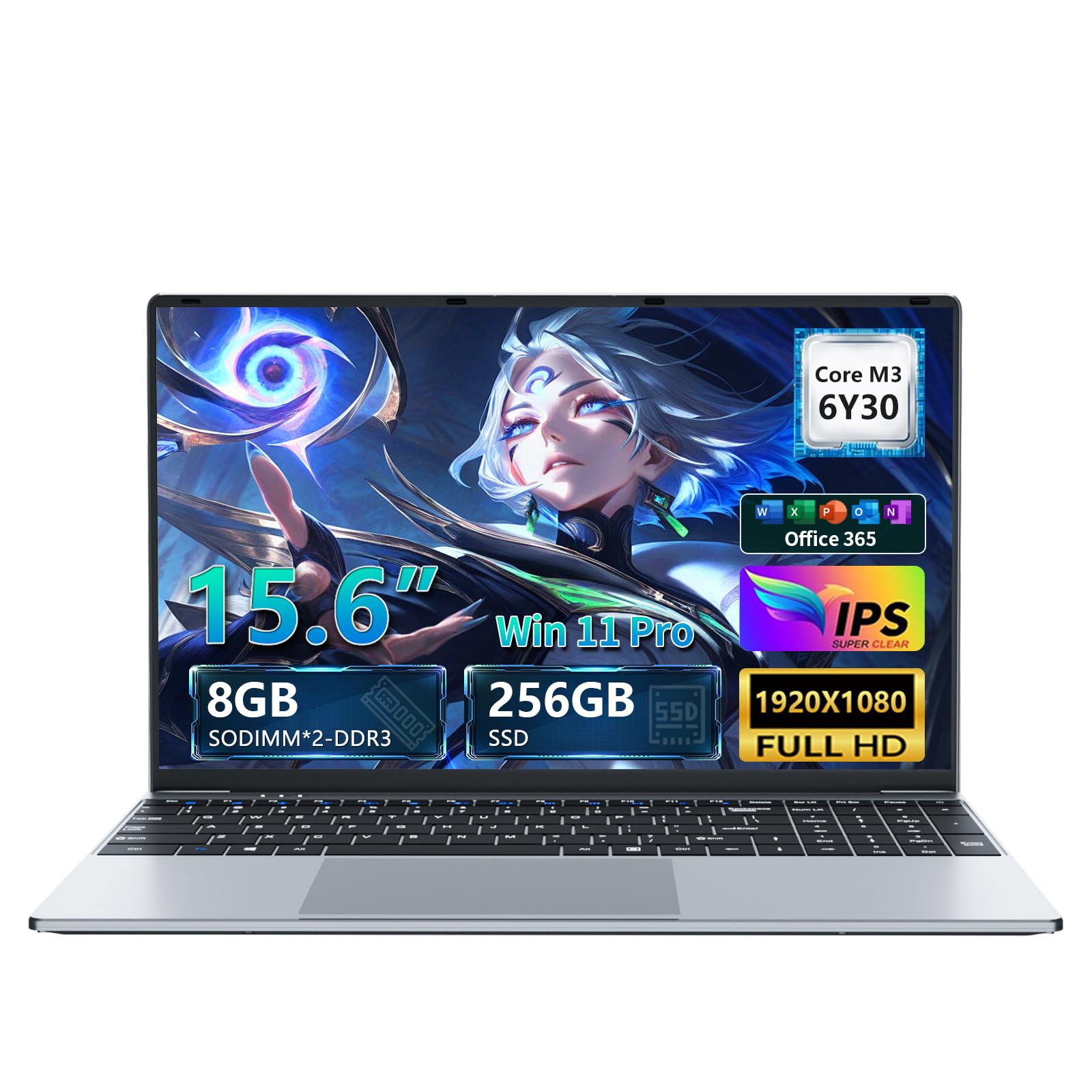 PC Portatile 15,6 Pollici, Notebook Win 11 8Go RAM 256Go SSD, Laptop Core M3 6Y30 CPU Tastiera Numerico Retroilluminata, Computer Portatile sottile e leggero schermo FHD 180° HDMI USB3.0 WiFi5 BT4.2