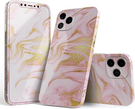 DesignSkinz Full Body Skin Decal Wrap Kit Compatible with iPhone 17 Pro Max - Rose Pink Marble & Digital Gold Frosted Foil V11