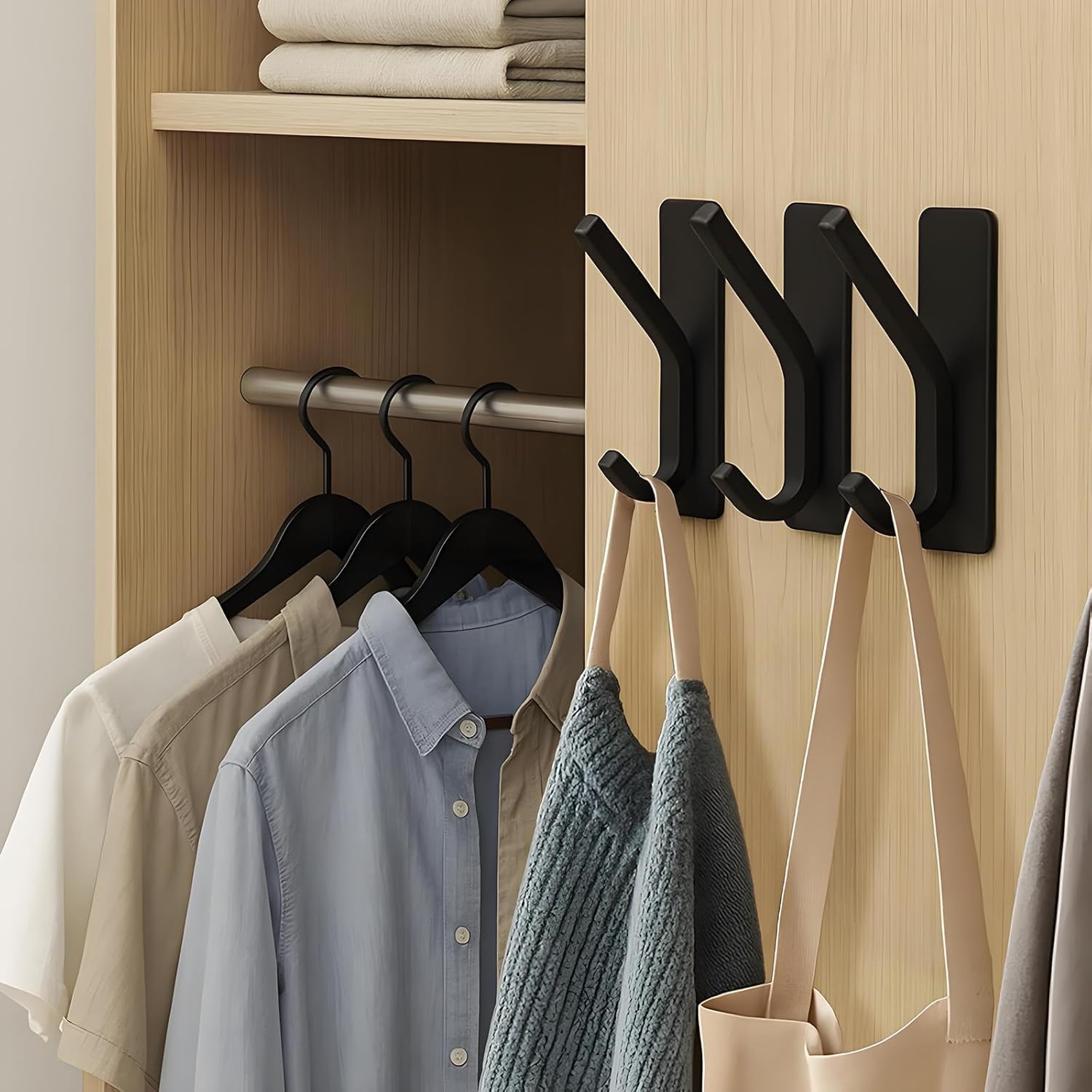 Damage Free Hooks for Walls, 2 Pack Adhesive Command Hooks Matte Black, Heavy Duty Removable Hangers for Coats, Towels, Robes, Hats, Keys, Organizers for Bathroom, Kitchen, Bedroom, Door