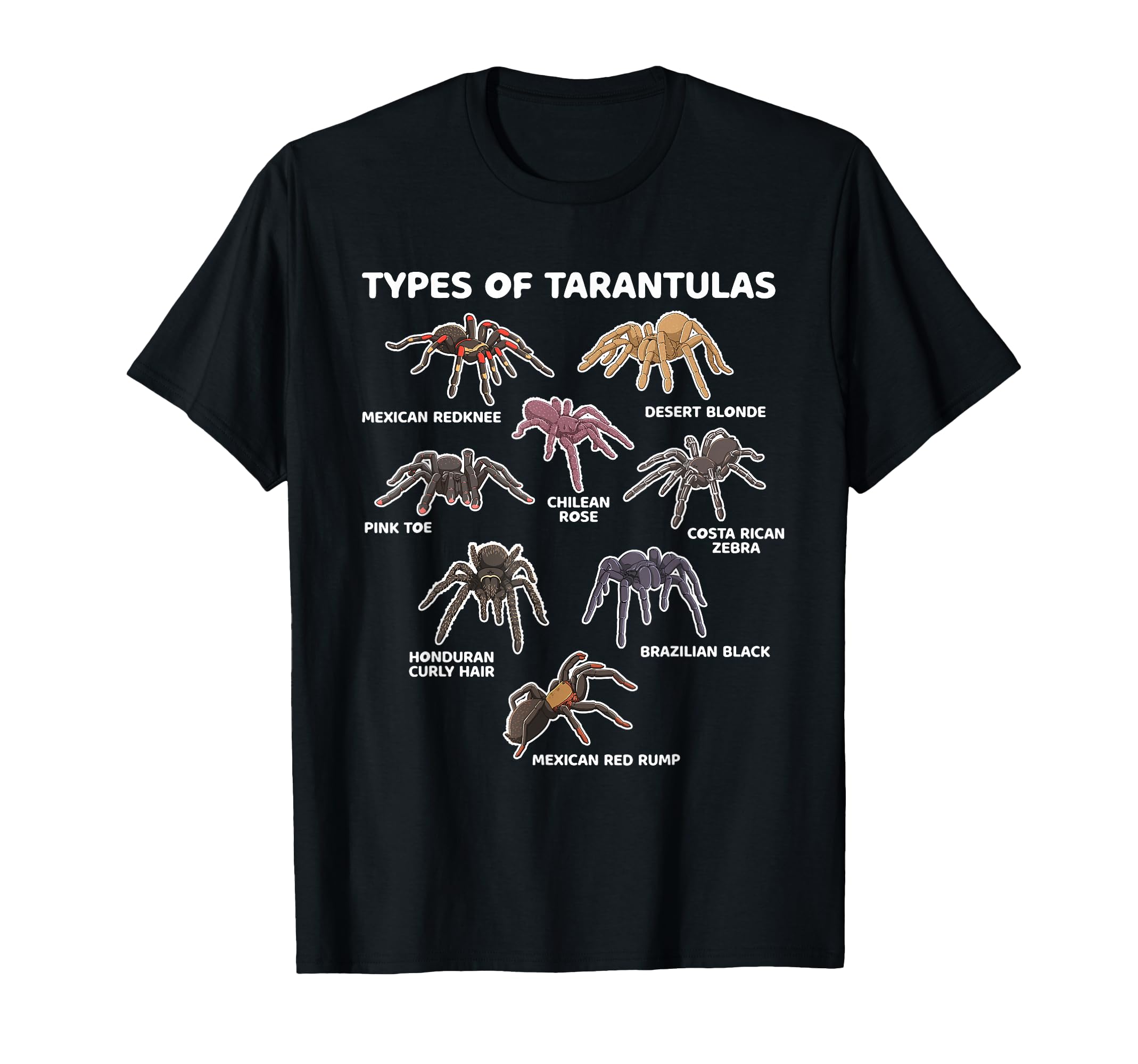 Types of Tarantulas Pink Toe Chilean Mexican Hairy Spider T-Shirt