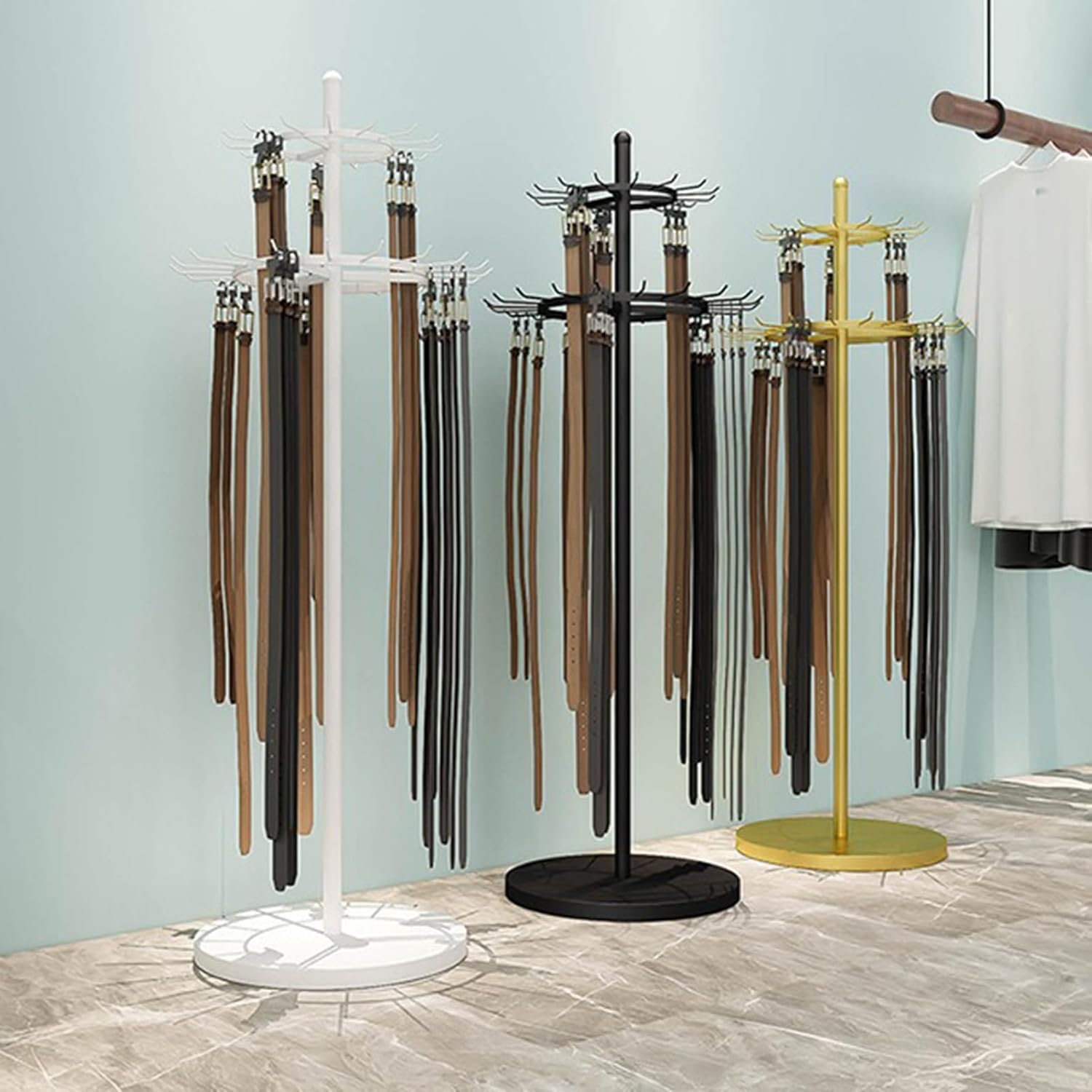 Floor Standing Belt Hanger, Men's Belt Display Stand Tie Racks Hanging Hook Commercial Shelves, Multifunctional Ties Scarf Rack Shawls Purse Rack Clothing Retai(White)