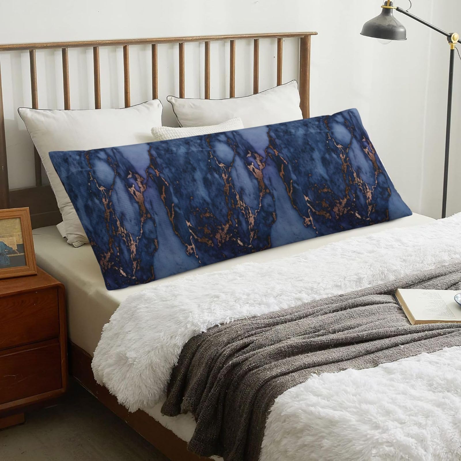 Navy Blue & Faux Copper Marble Pattern, Body Pillow Cover with Zipper,Long Body Pillowcase 20 x 60 in