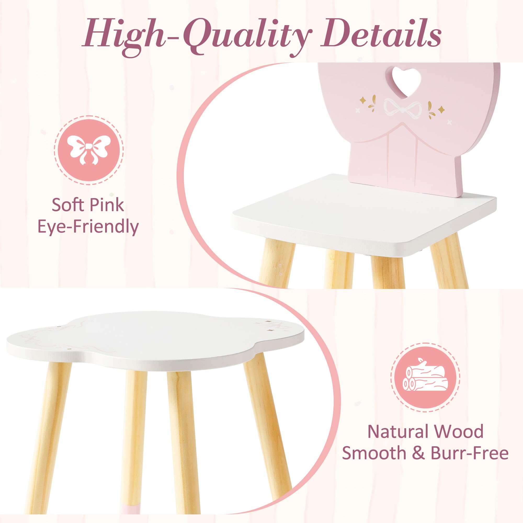 ROBUD Juego de mesa y silla para muñecas de 3 piezas de madera con respaldo de lazo en forma de corazón y mesa de nube, ideal para jugar y muñecas de menos de 45 cm, regalo para niñas a partir de 3