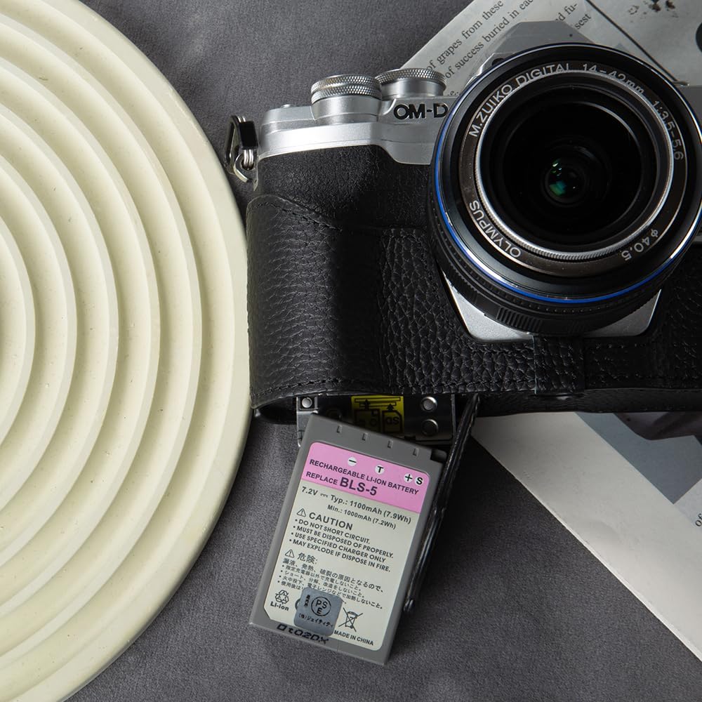 E-M10 Mark IV Vintage Genuine Leather Camera Case，Half-Wrap Camera Protector For Olympus OM-D E-M10 Mark IV (Black set)