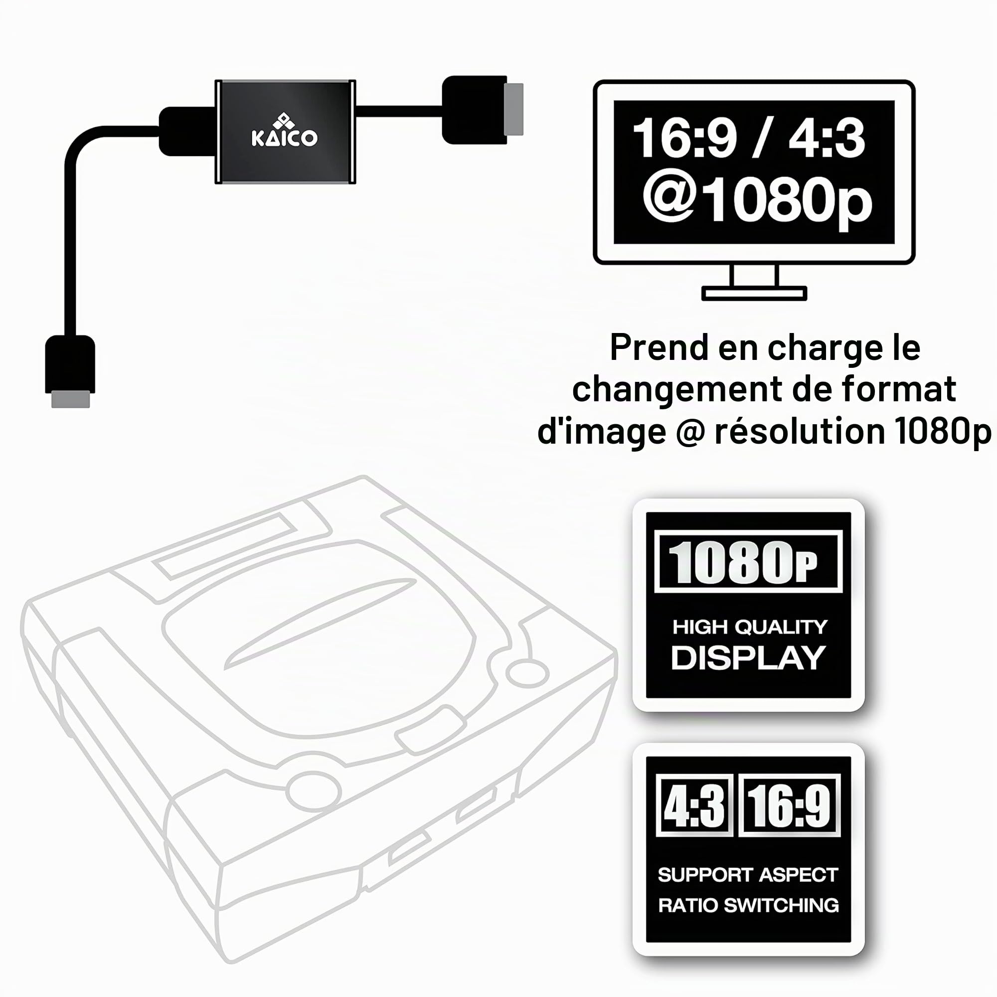 Kaico Adaptateur HDMI Sega Saturn, convertisseur S-Video PAL/NTSC | Commutateur 16:9/4:3, compatible toutes régions Saturn, alimenté par Micro USB, avec support Kaico 12 mois