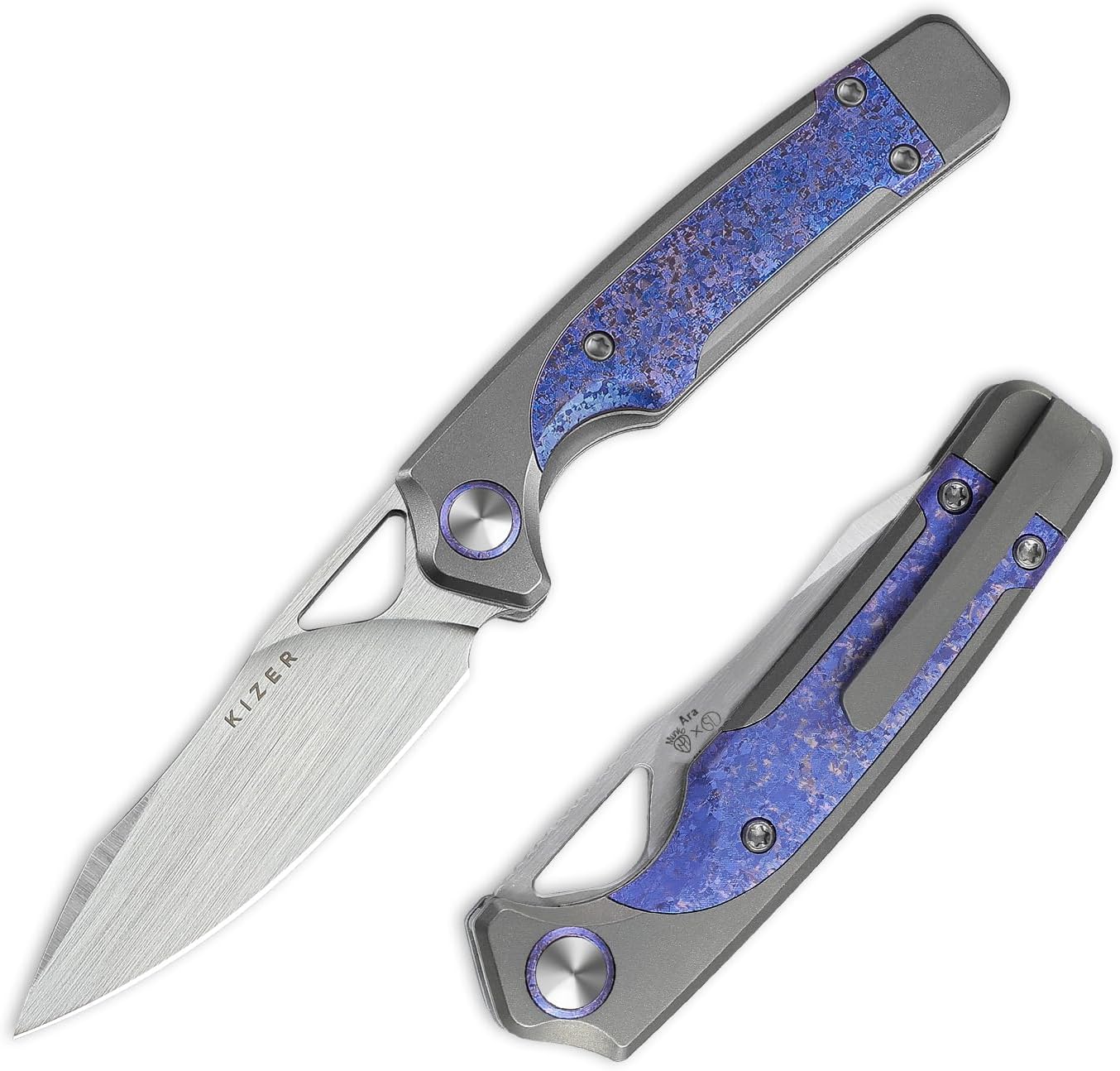 Kizer Ara Pocket Knife, 3.09" S45VN Drop Point Blade Folding Knife with Silver Titanium & Purple Snowflake Titanium Handle, Thumb Hole EDC Liner Lock Knives for Men Women, Ki3729A3