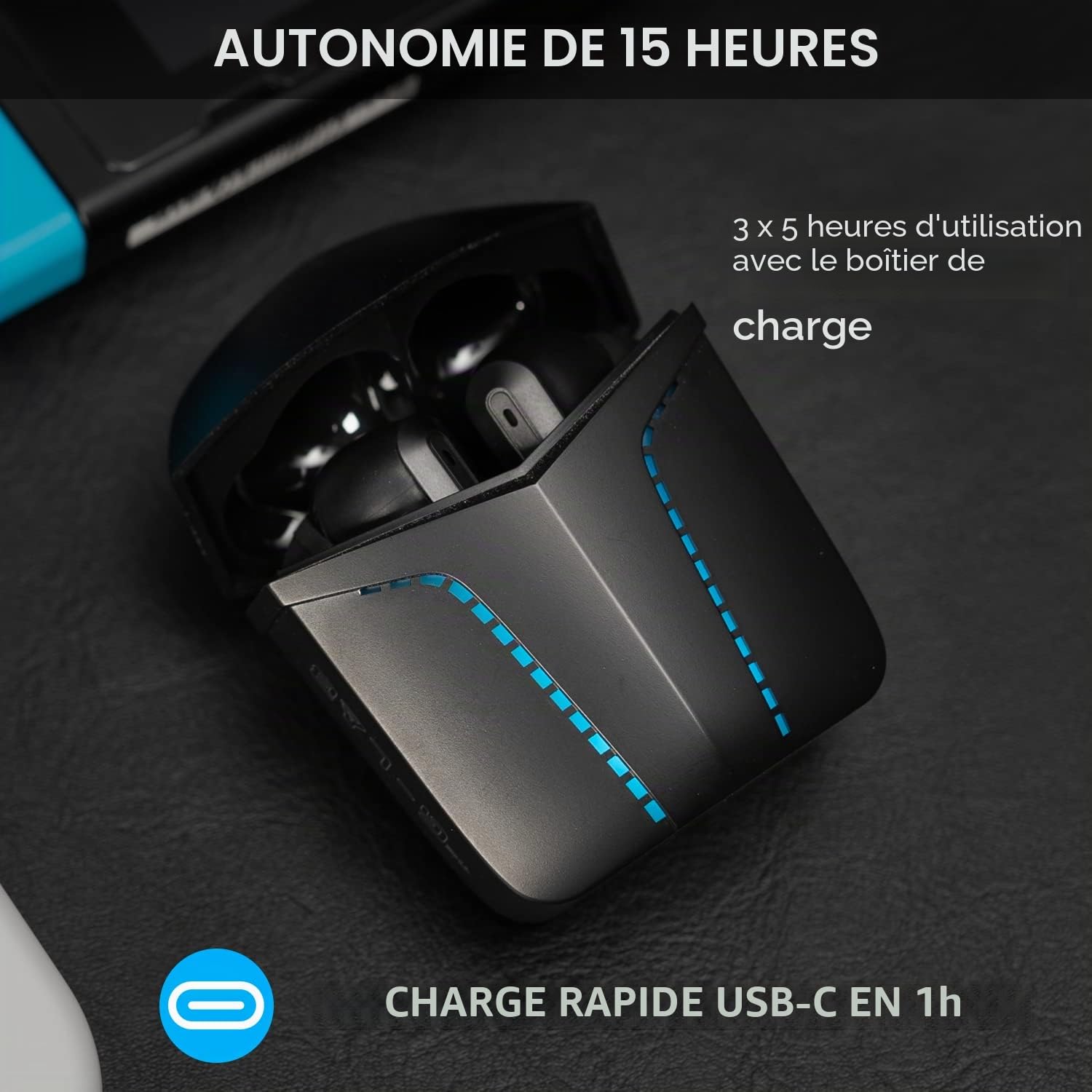 The G-Lab Korp Krypton Écouteurs Bluetooth 5.0 sans Fil Gaming, Latence Ultra-Faible, 2 Micros Intégrés, Étui de Charge Rapide, Autonomie 15H, Compatible iPhone/Android/iPad/PC/PS5 (Noir)
