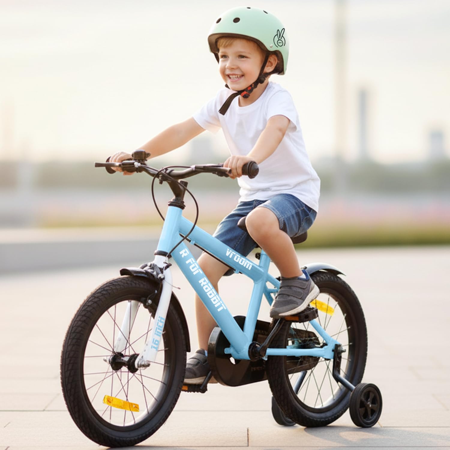 R for Rabbit Vroom Bicycle for Kids Cycle for 4 to 7 Years Boys & Girls 16T Inches | Training Wheels| 90% Installed (Lake Blue)