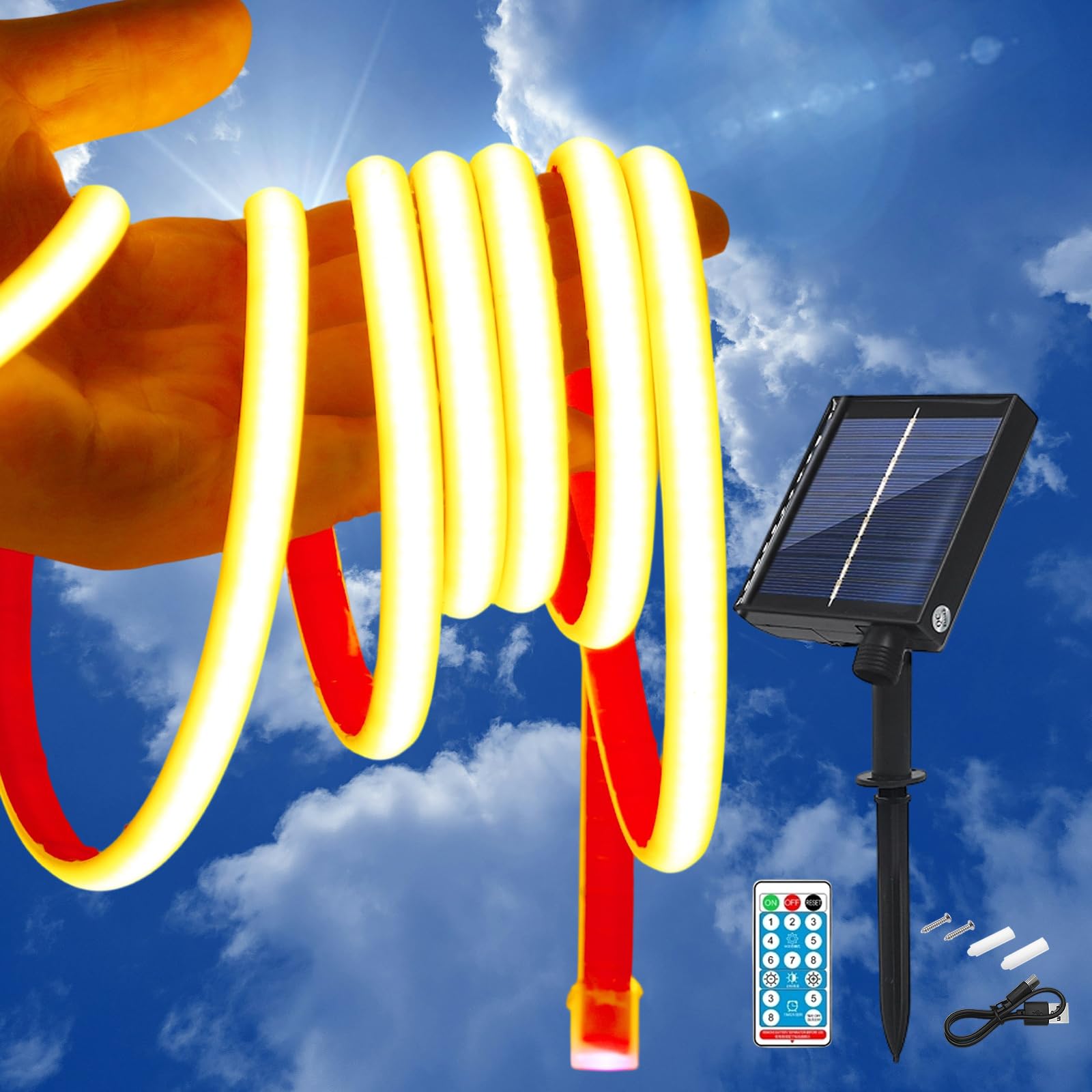 KISUFU 24V Solar LED Strip Lights Outdoor, 320 LEDs/M IP68 Waterproof Cuttable Self-Adhesive Rope Light with 1200mah 8 Modes Battery Box Remote Control for Porch Gazebo Yard Trees Garden Decor.